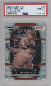Paddy Pimblett from the 2022 Panini Select UFC  set featuring a Silver Prizm parallel graded by PSA and given an overall grade of 10.