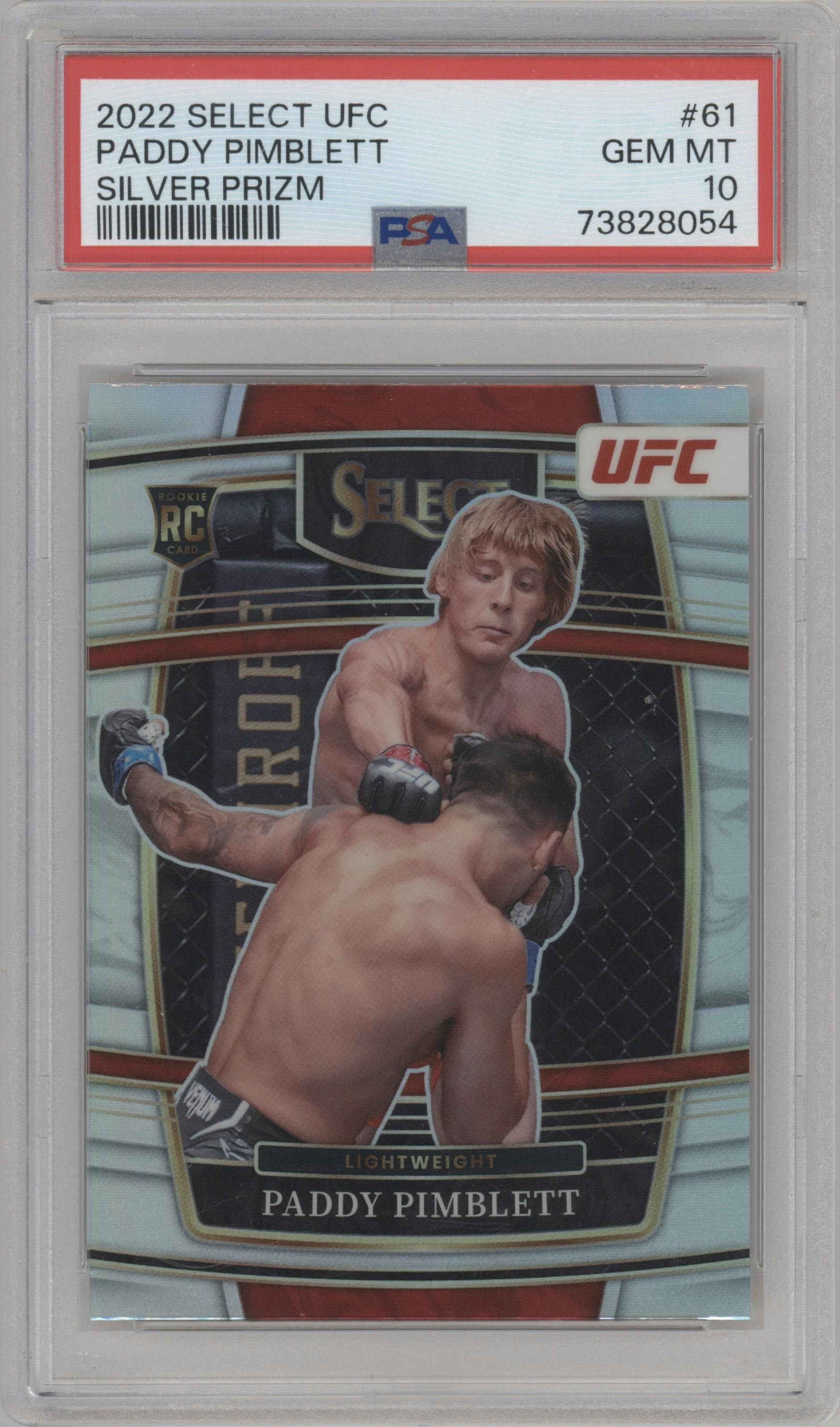 Paddy Pimblett from the 2022 Panini Select UFC  set featuring a Silver Prizm parallel graded by PSA and given an overall grade of 10.