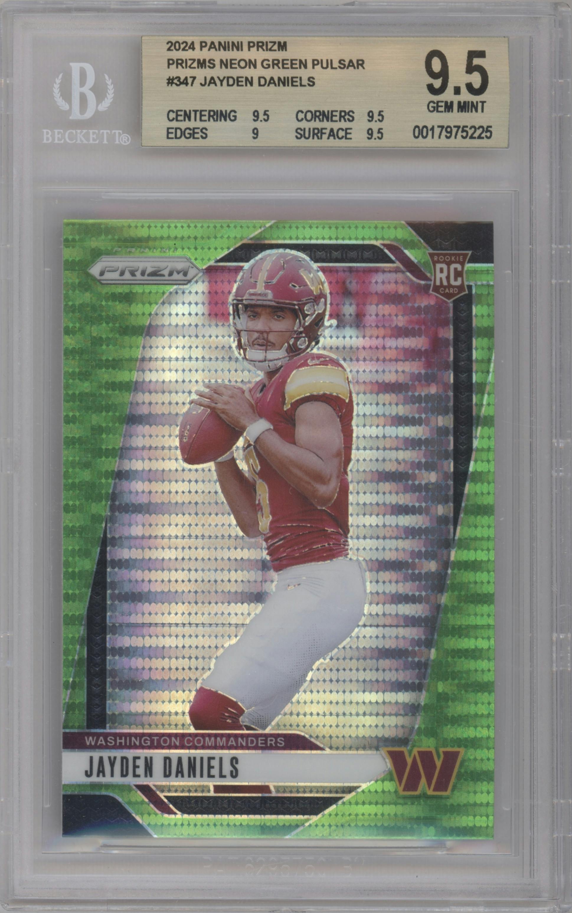 Jayden Daniels from the 2024 Panini Prizm set featuring a Neon Green Pulsar  parallel graded by Beckett and given an overall grade of 9.5.