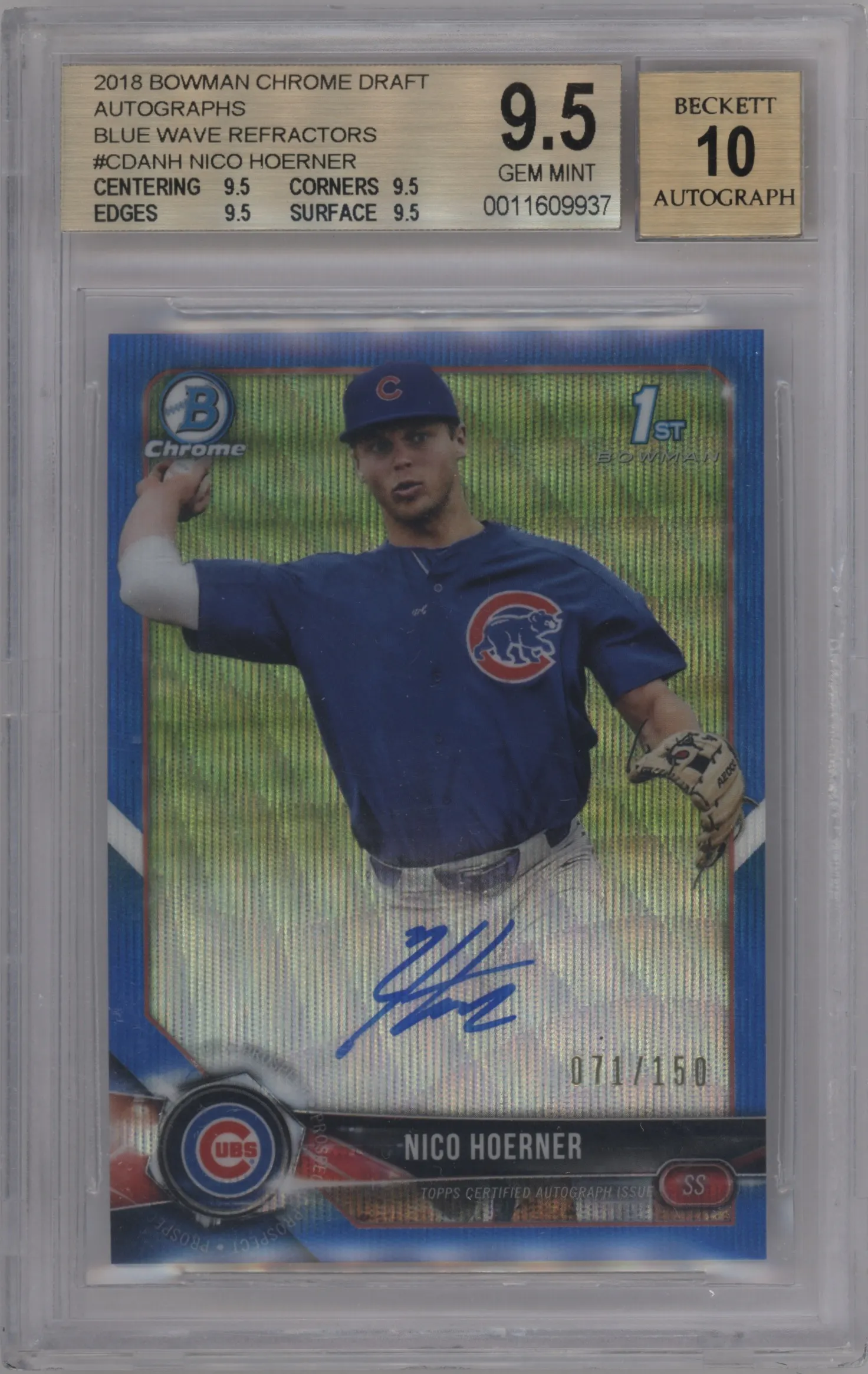 2018 Bowman Draft Chr.DP Auto Nico Hoerner Blue Wave Refractor BGS 9.5