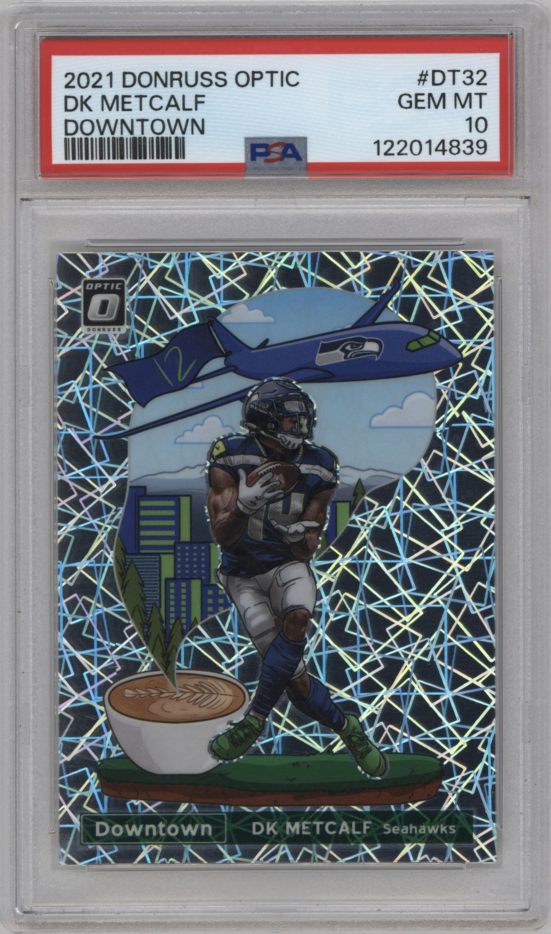 DK Metcalf from the 2021 Panini Donruss Optic set graded by PSA and given an overall grade of 10.