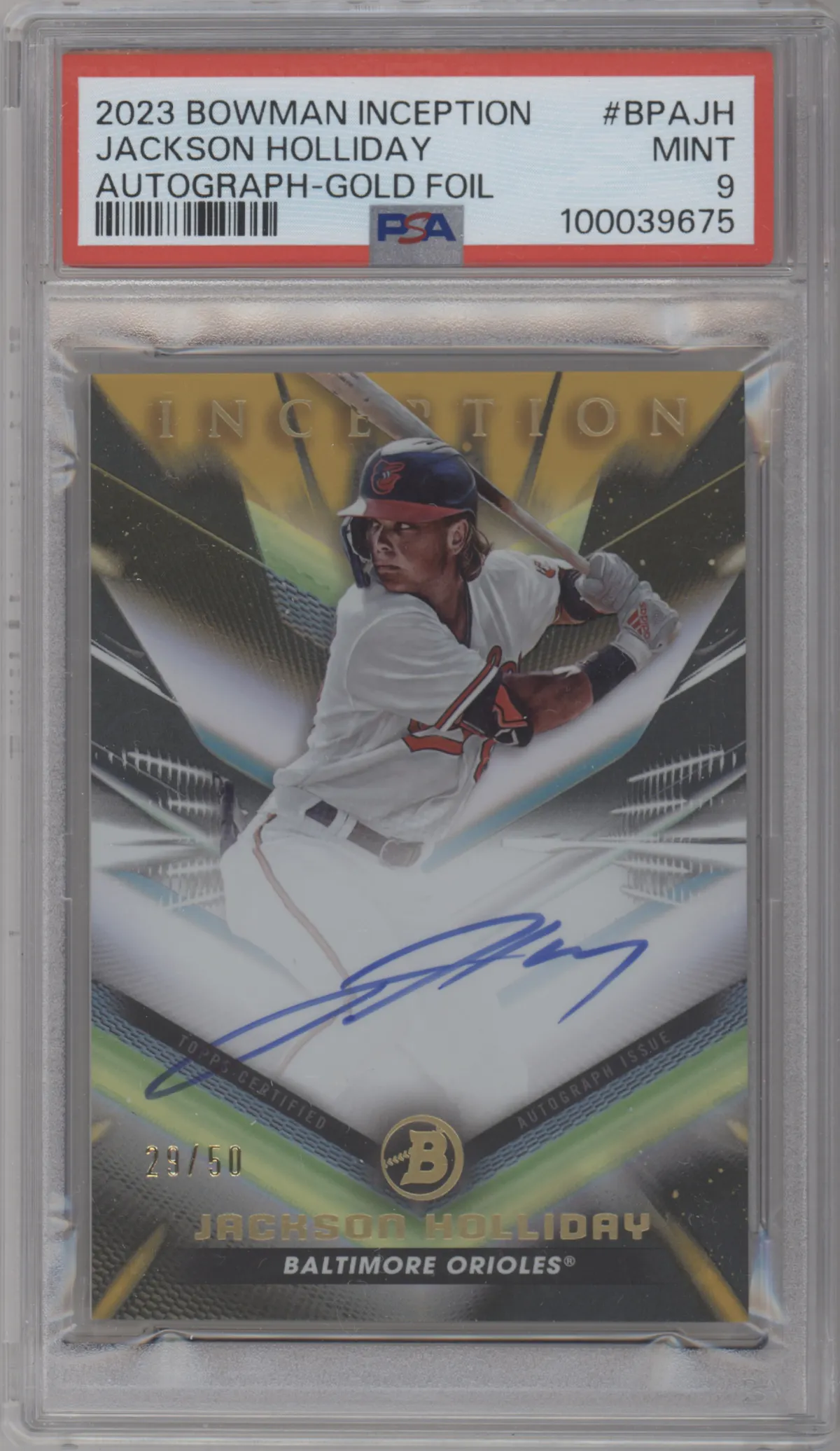 Jackson Holliday from the 2023 Bowman Inception set featuring a Gold Foil parallel graded by PSA and given an overall grade of 9.