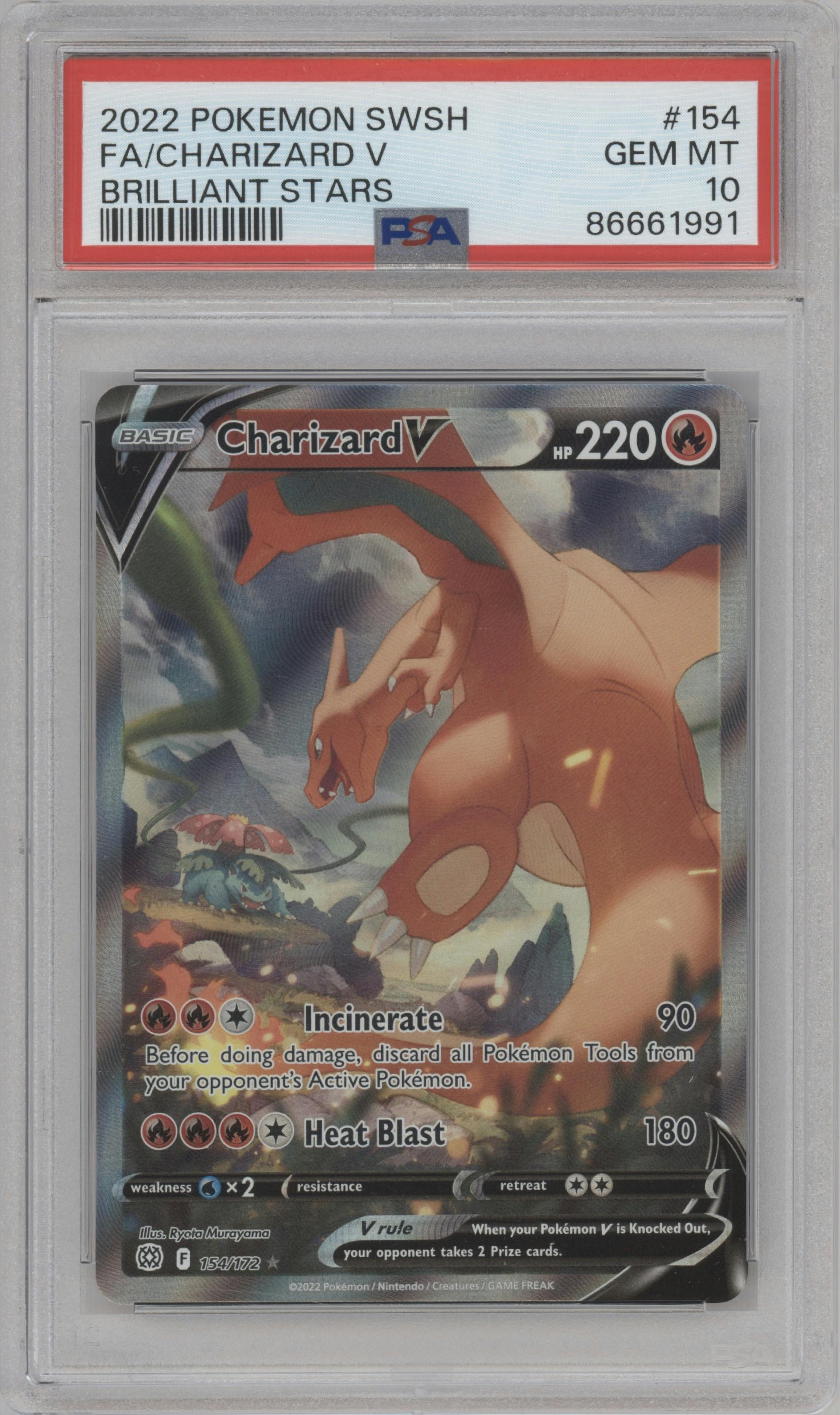 Charizard V from the 2022 Pokemon SWSH set graded by PSA and given an overall grade of 10.