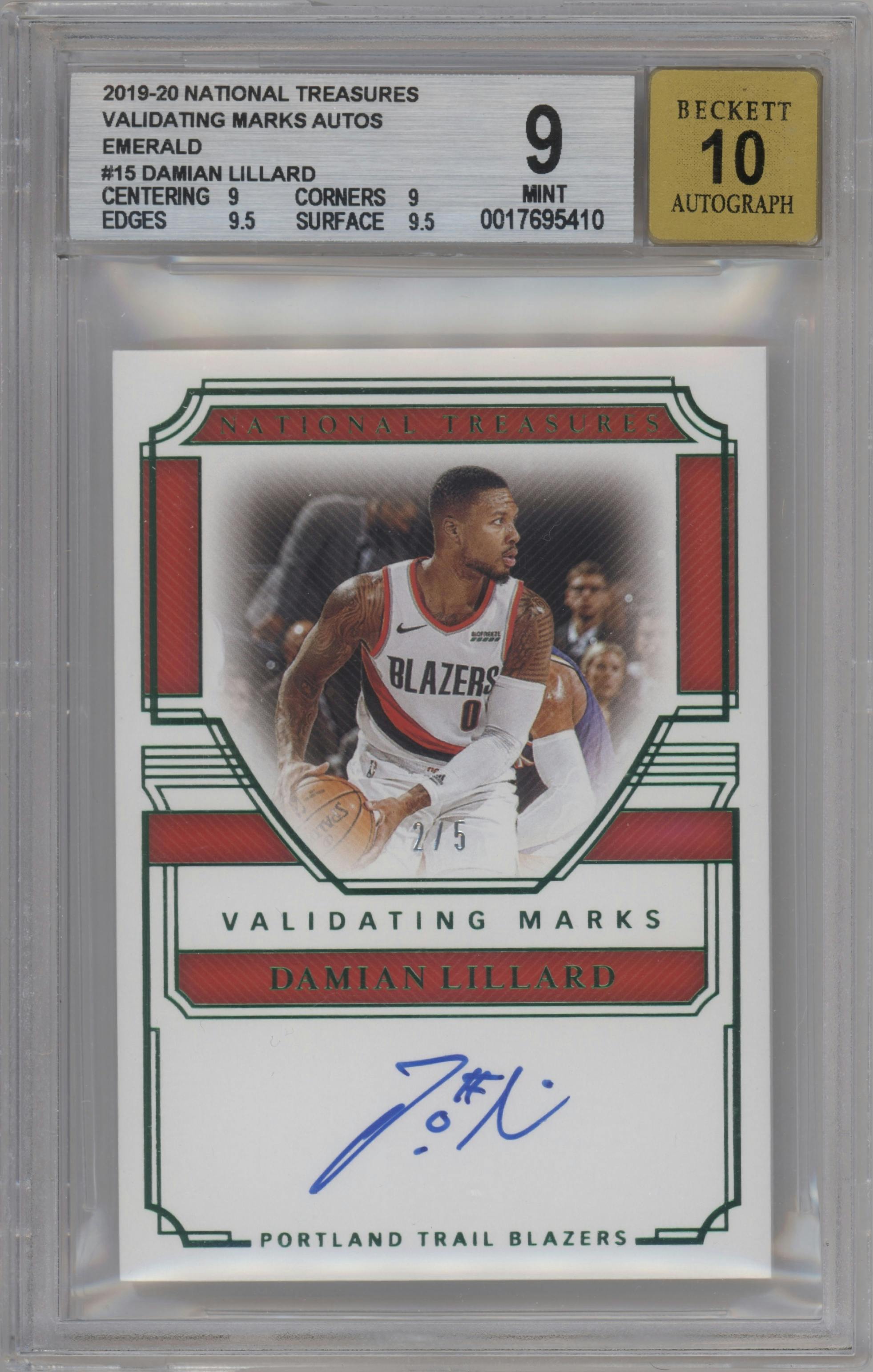Damian Lillard from the 2019-20 Panini National Treasures Basketball set featuring a Emerald parallel graded by Beckett and given an overall grade of 9.