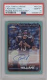 Caleb Williams from the 2024 Topps Chrome set featuring a Aqua Refractor parallel graded by PSA and given an overall grade of 10.