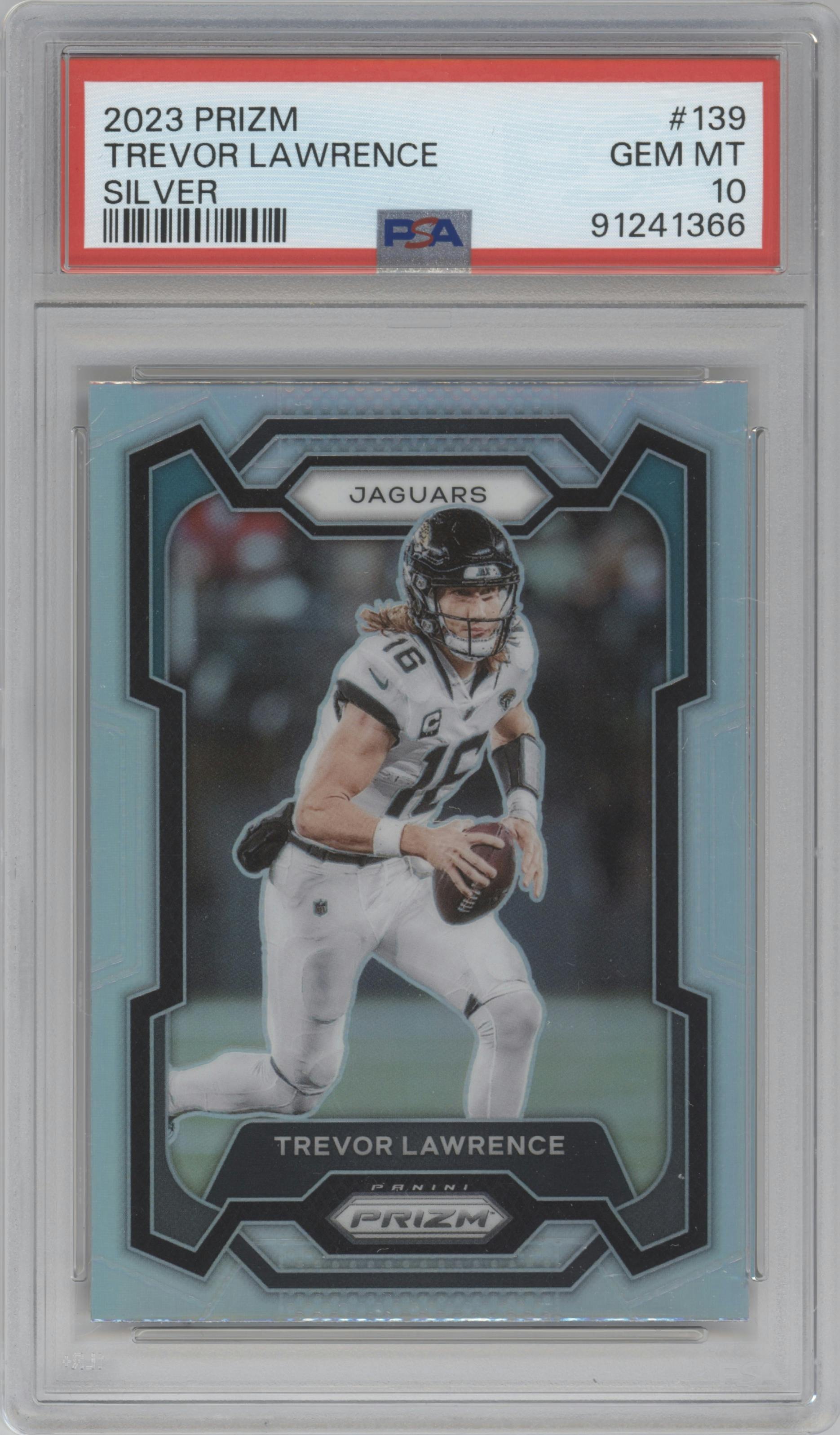 Trevor Lawrence from the 2023 Panini Prizm set featuring a Silver Prizm parallel graded by PSA and given an overall grade of 10.