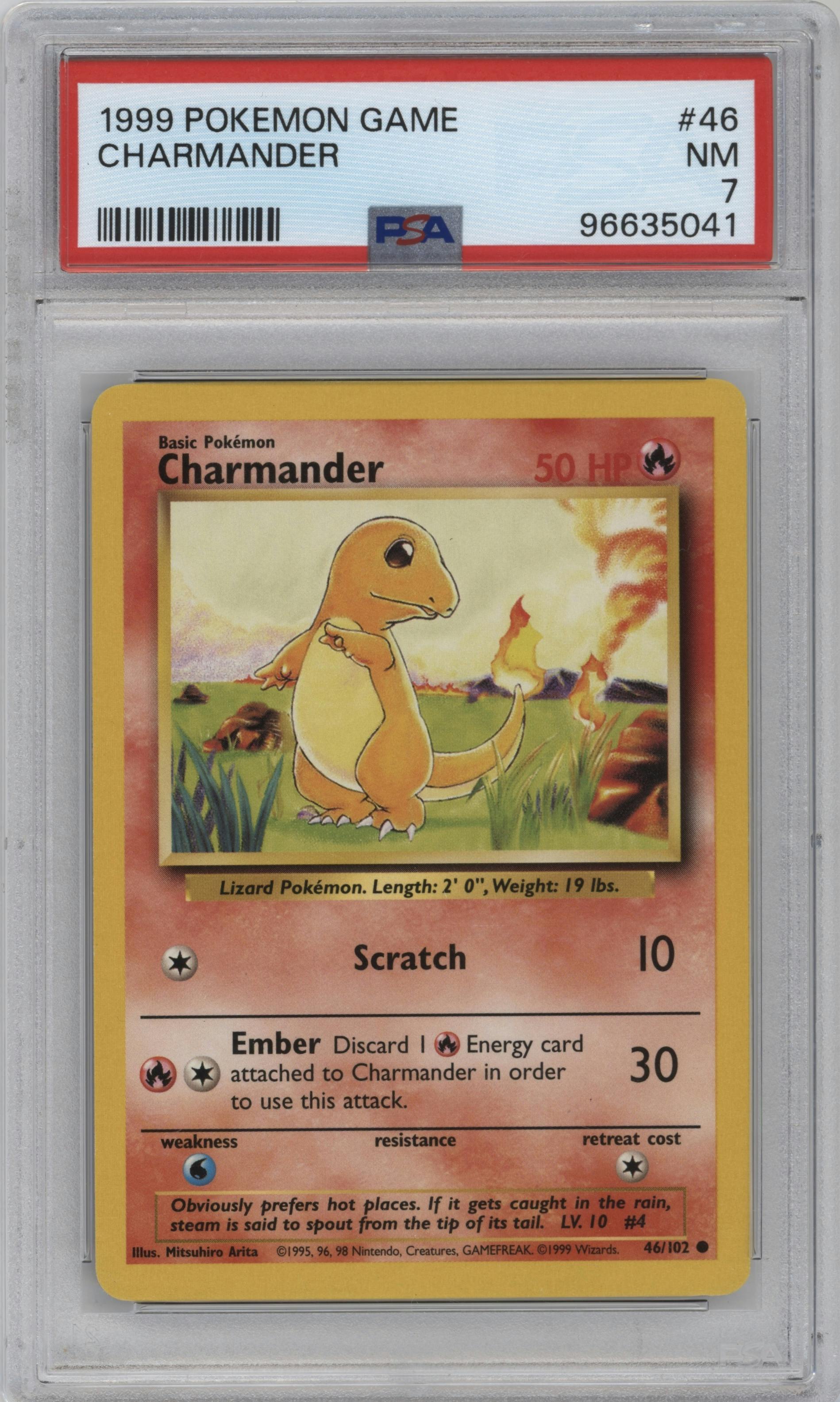 Charmander from the 1999 Pokemon set graded by PSA and given an overall grade of 7.