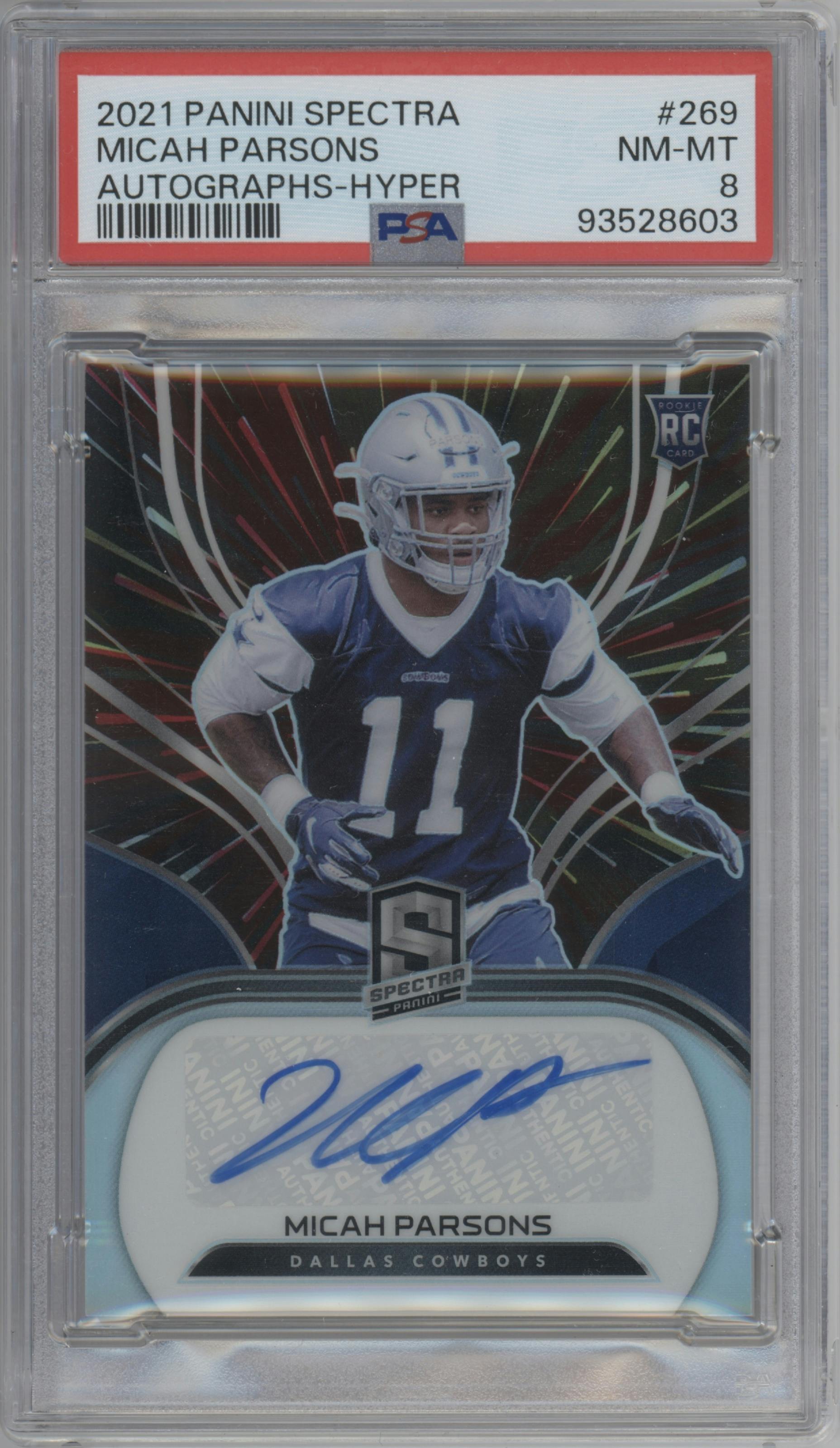 Micah Parsons from the 2021 Panini Spectra set featuring a Hyper parallel graded by PSA and given an overall grade of 8.