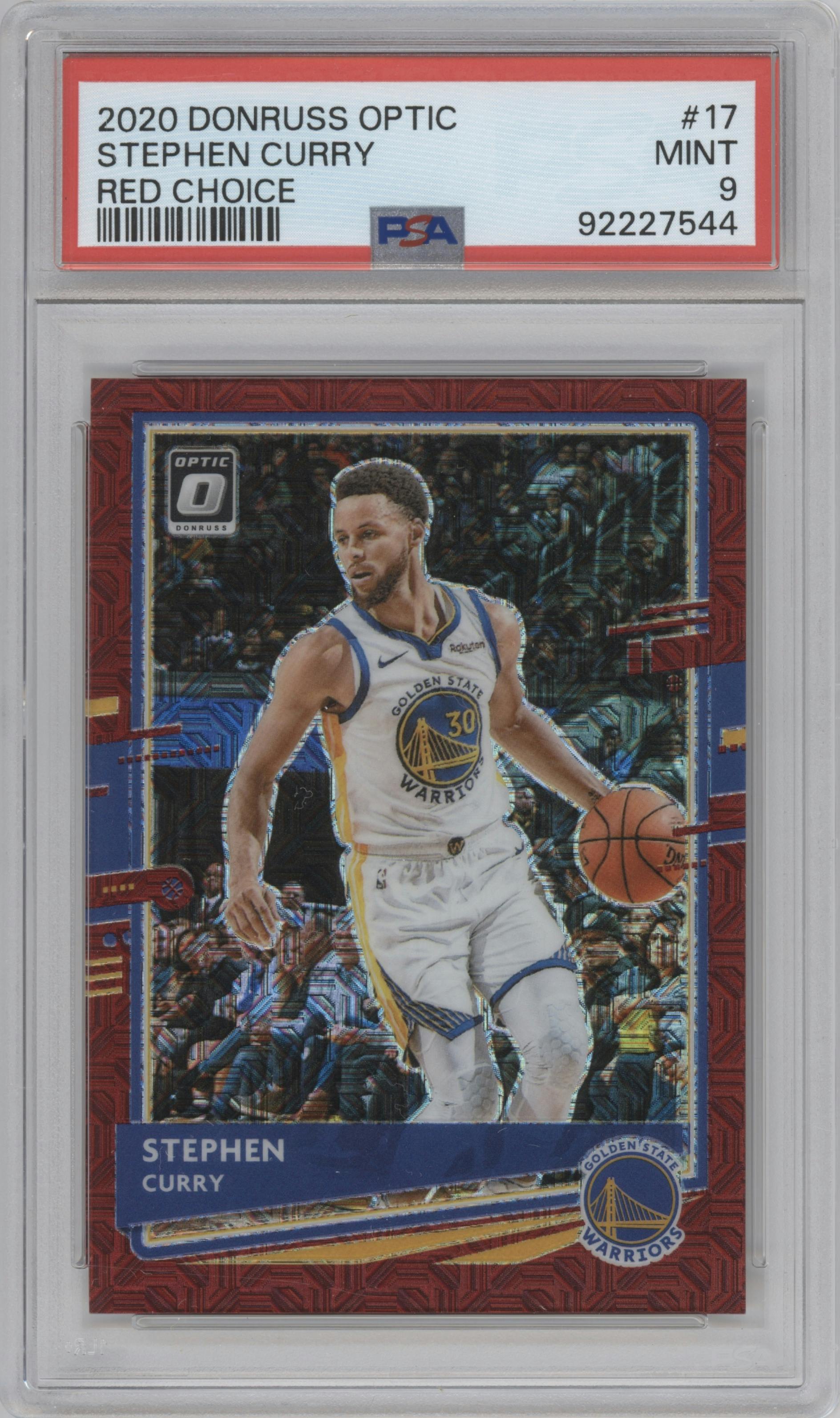 Stephen Curry from the 2020-21 Panini Donruss Optic set featuring a Red Choice  parallel graded by PSA and given an overall grade of 9.