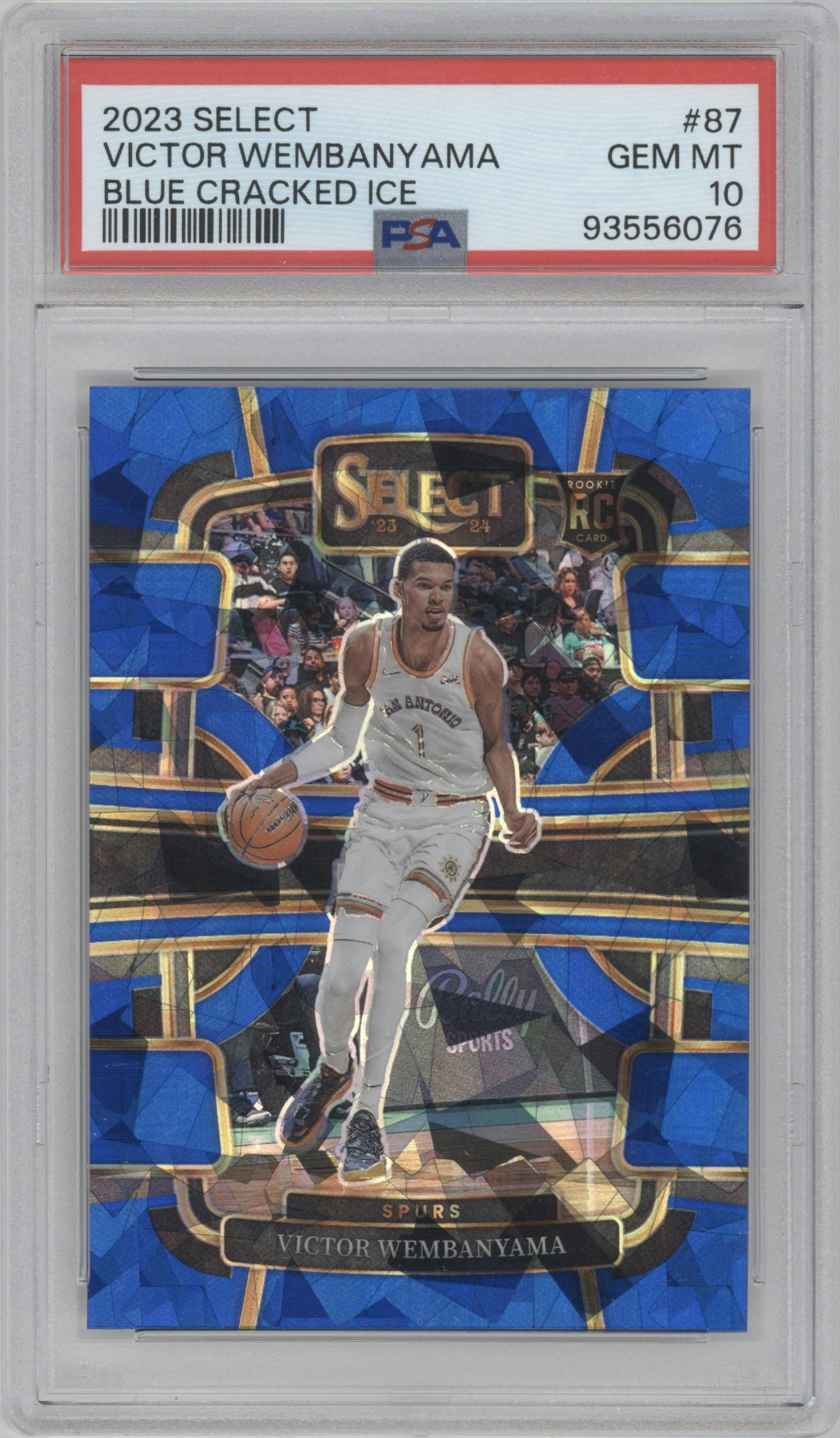 Victor Wembanyama from the 2023-24 Panini Select  set featuring a Blue Cracked Ice parallel graded by PSA and given an overall grade of 10.