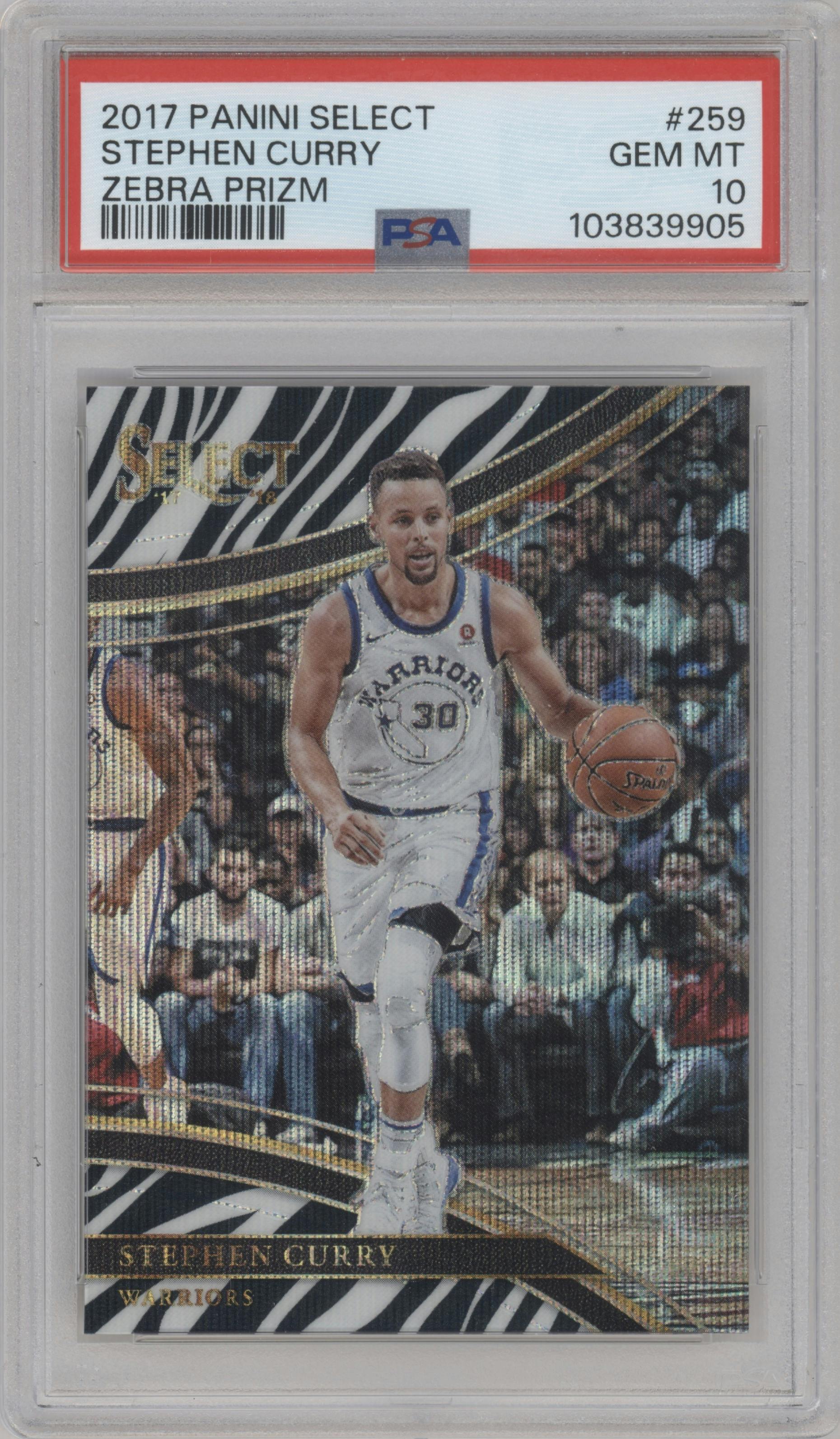 Stephen Curry from the 2017-18 Panini Select set featuring a Zebra parallel graded by PSA and given an overall grade of 10.