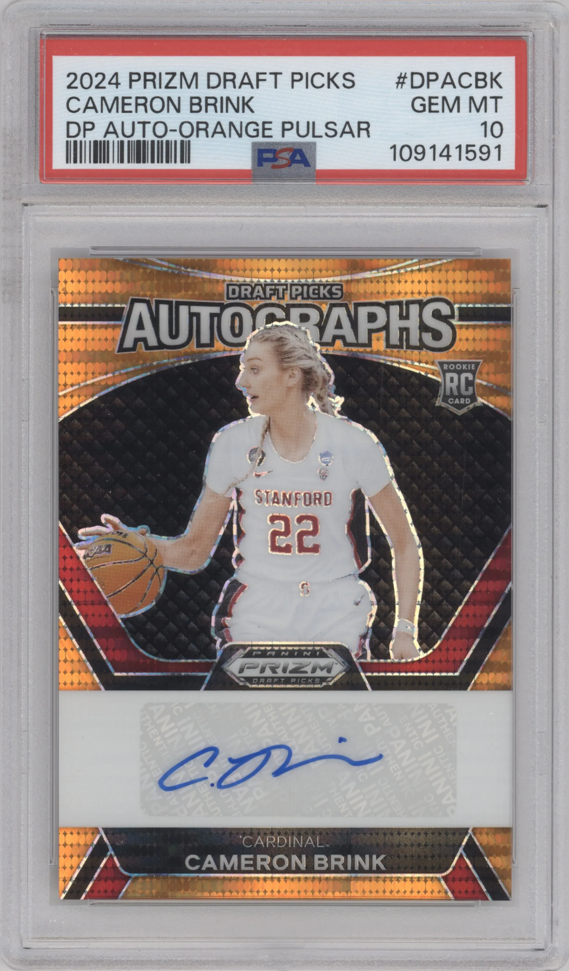2024 Panini Prizm Draft Picks Draft Picks Auto Cameron Brink Orange Pulsar PSA 10