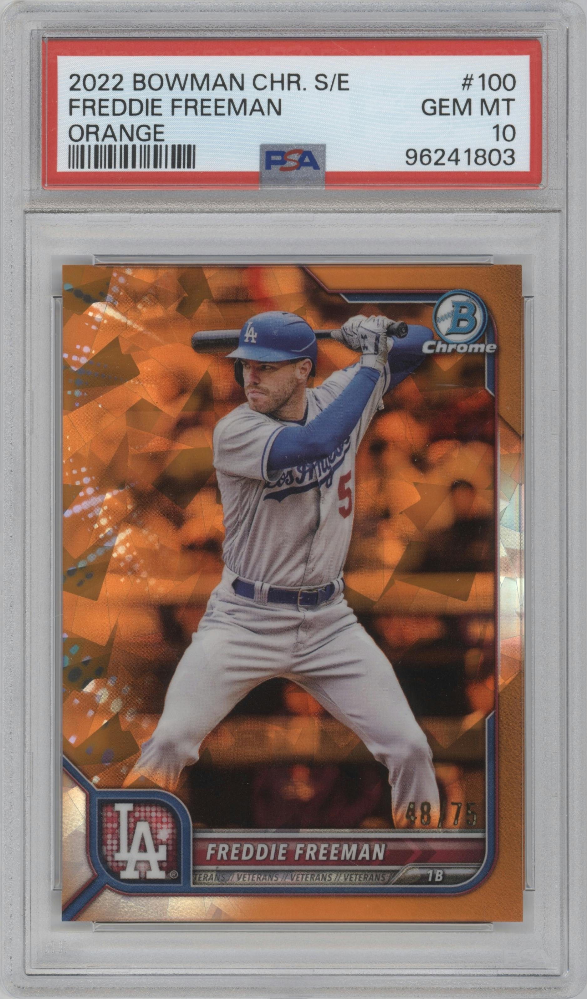 Freddie Freeman from the 2022 Bowman Chrome Sapphire Edition set featuring a Orange parallel graded by PSA and given an overall grade of 10.