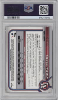 Freddie Freeman from the 2022 Bowman Chrome Sapphire Edition set featuring a Orange parallel graded by PSA and given an overall grade of 10.