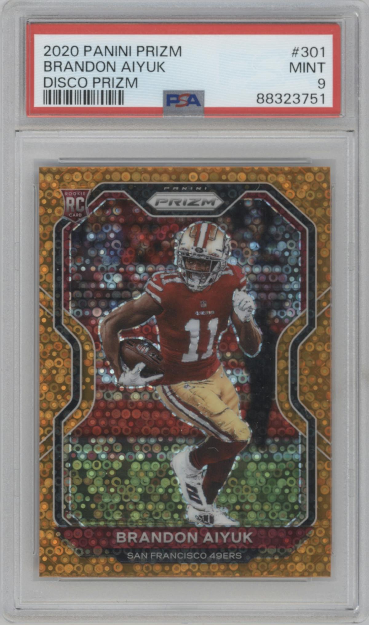 Brandon Aiyuk from the 2020 Panini Prizm set featuring a Disco parallel graded by PSA and given an overall grade of 9.