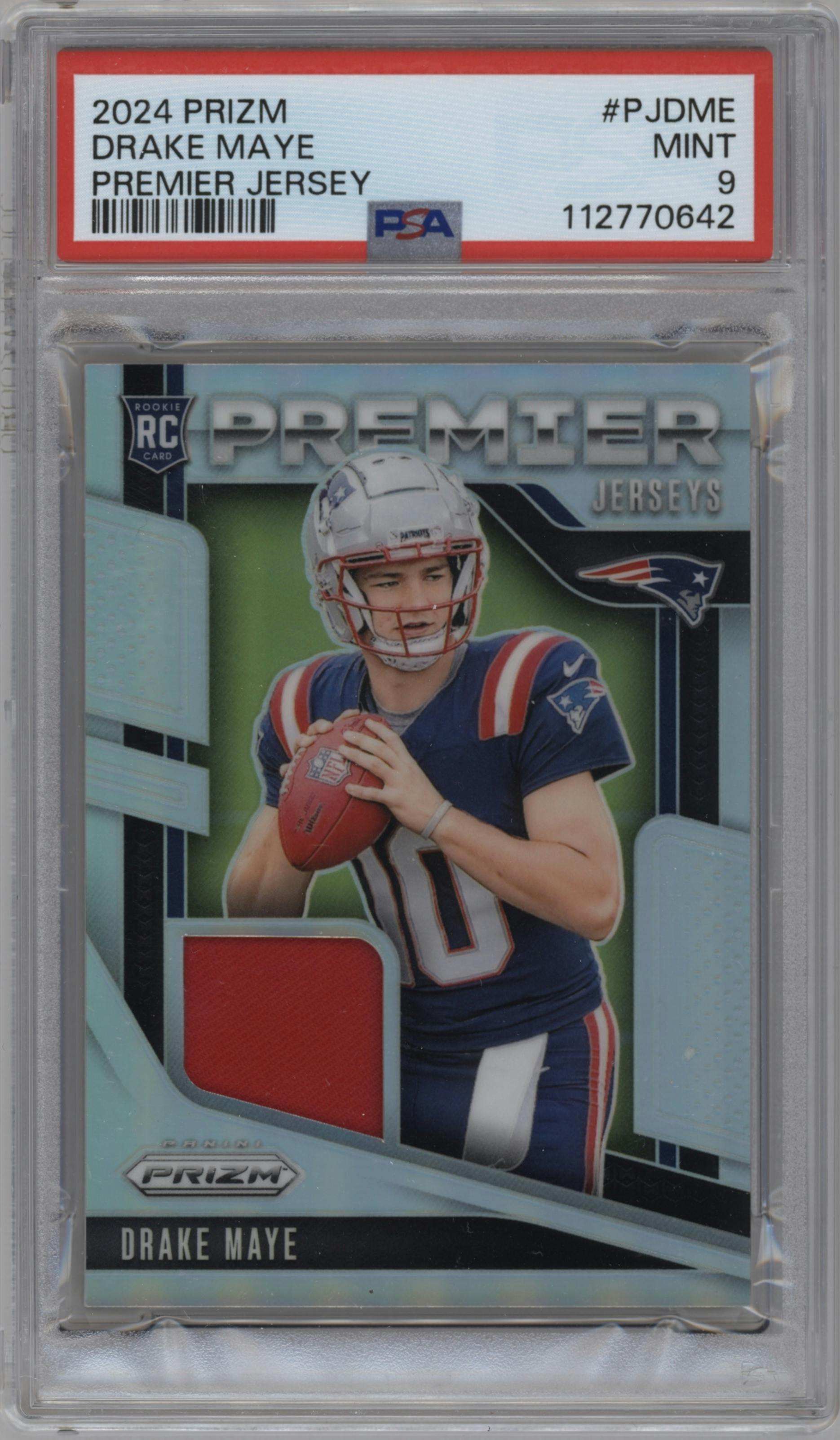Drake Maye from the 2024 Panini Prizm set graded by PSA and given an overall grade of 9.