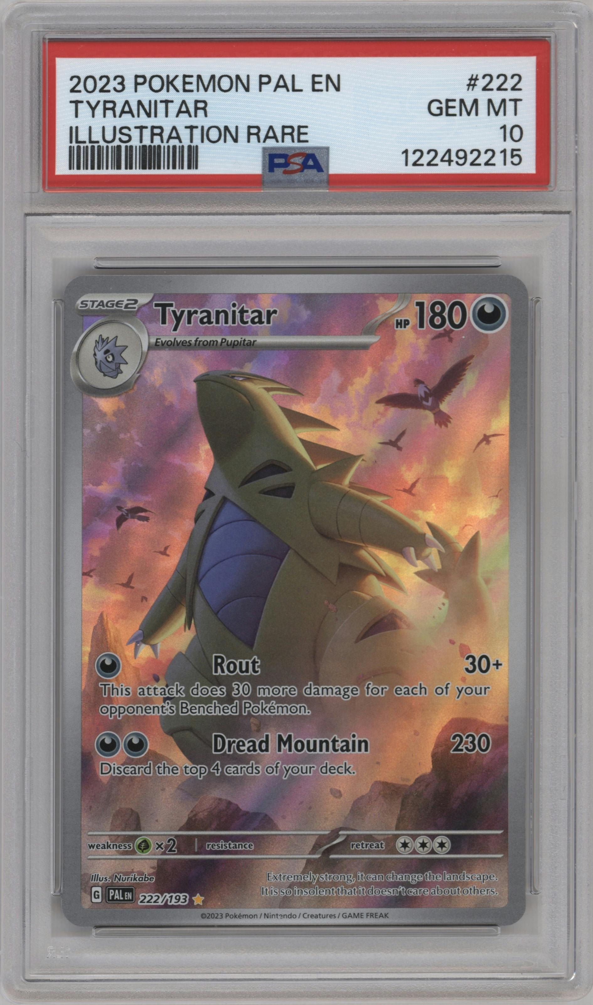 Tyranitar from the 2023 Pokemon SV set graded by PSA and given an overall grade of 10.
