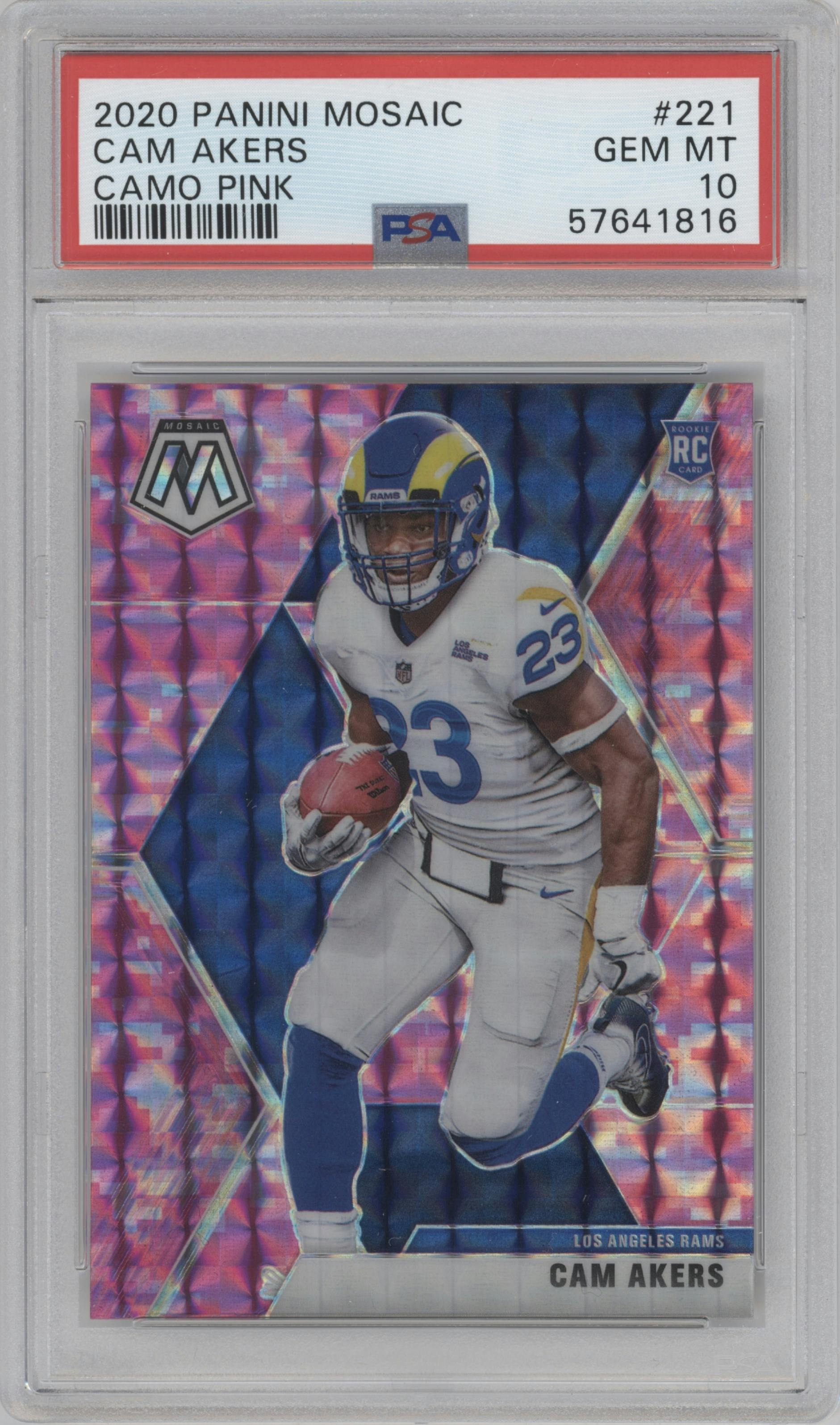 Cam Akers from the 2020 Panini Mosaic set featuring a Pink Camo parallel graded by PSA and given an overall grade of 10.