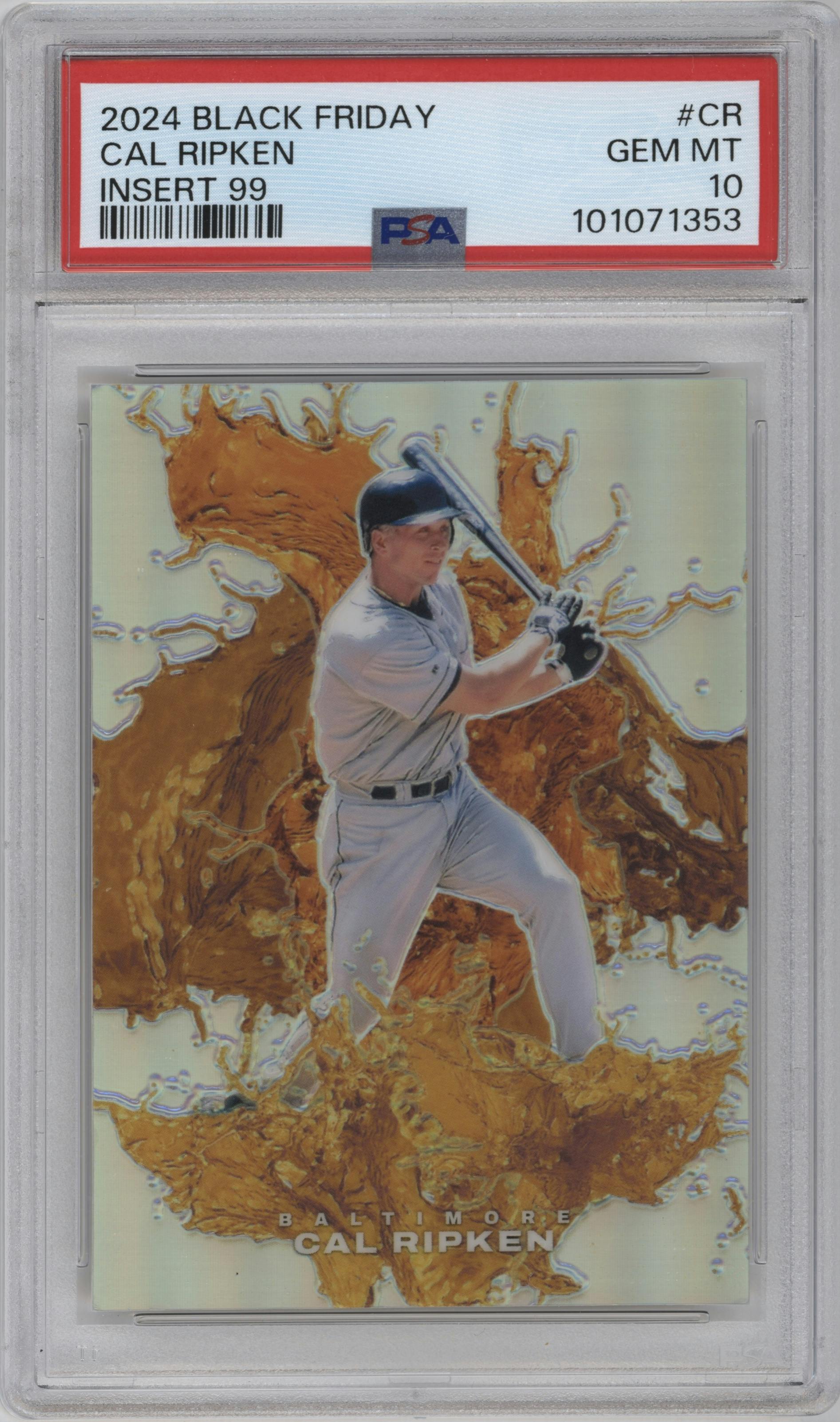 Cal Ripken from the 2024 Panini Black Friday set graded by PSA and given an overall grade of 10.