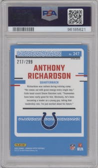 Anthony Richardson from the 2023 Donruss Optic set featuring a Aqua parallel graded by PSA and given an overall grade of 9.