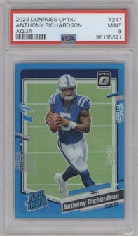 Anthony Richardson from the 2023 Donruss Optic set featuring a Aqua parallel graded by PSA and given an overall grade of 9.