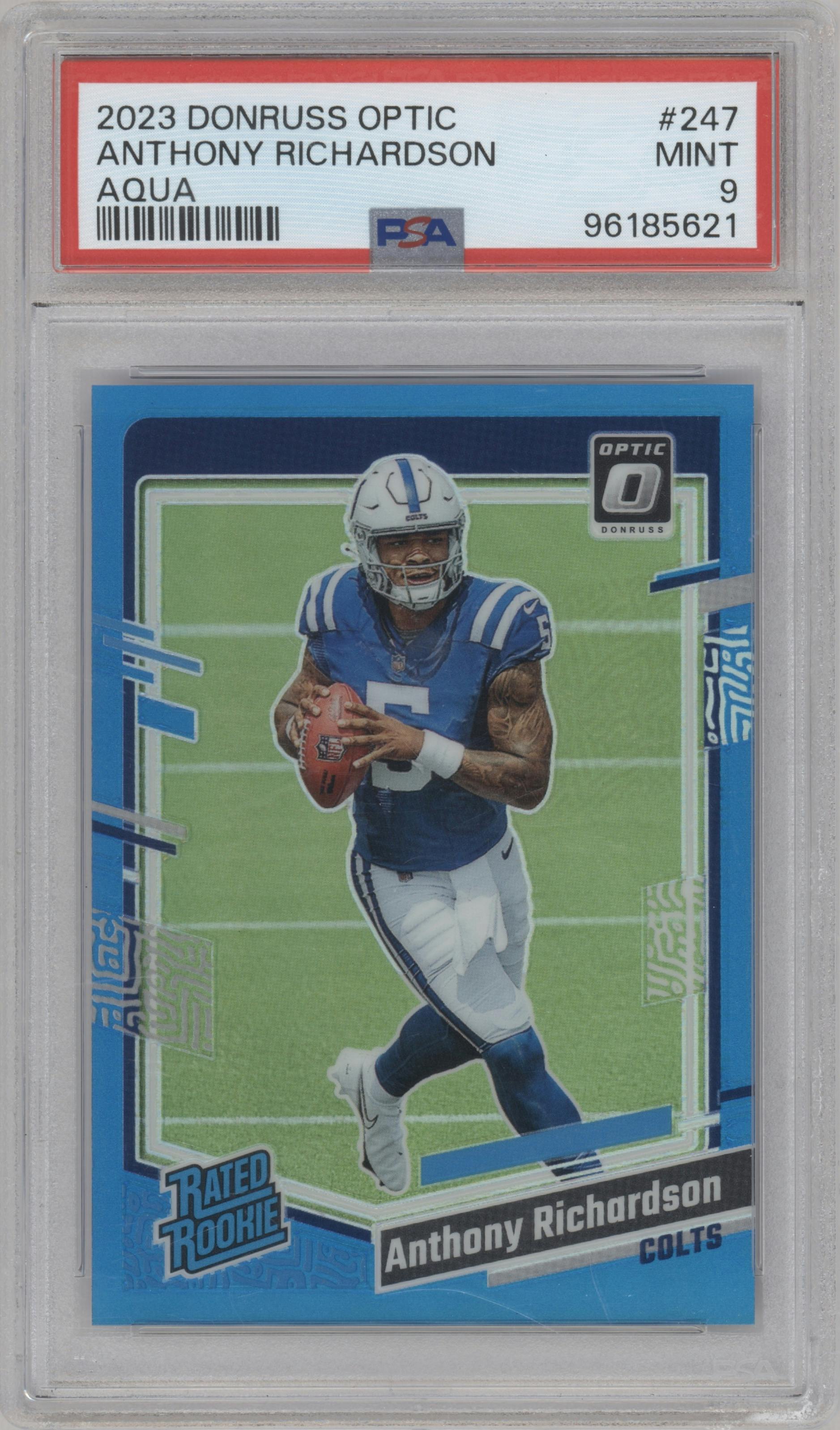 Anthony Richardson from the 2023 Donruss Optic set featuring a Aqua parallel graded by PSA and given an overall grade of 9.