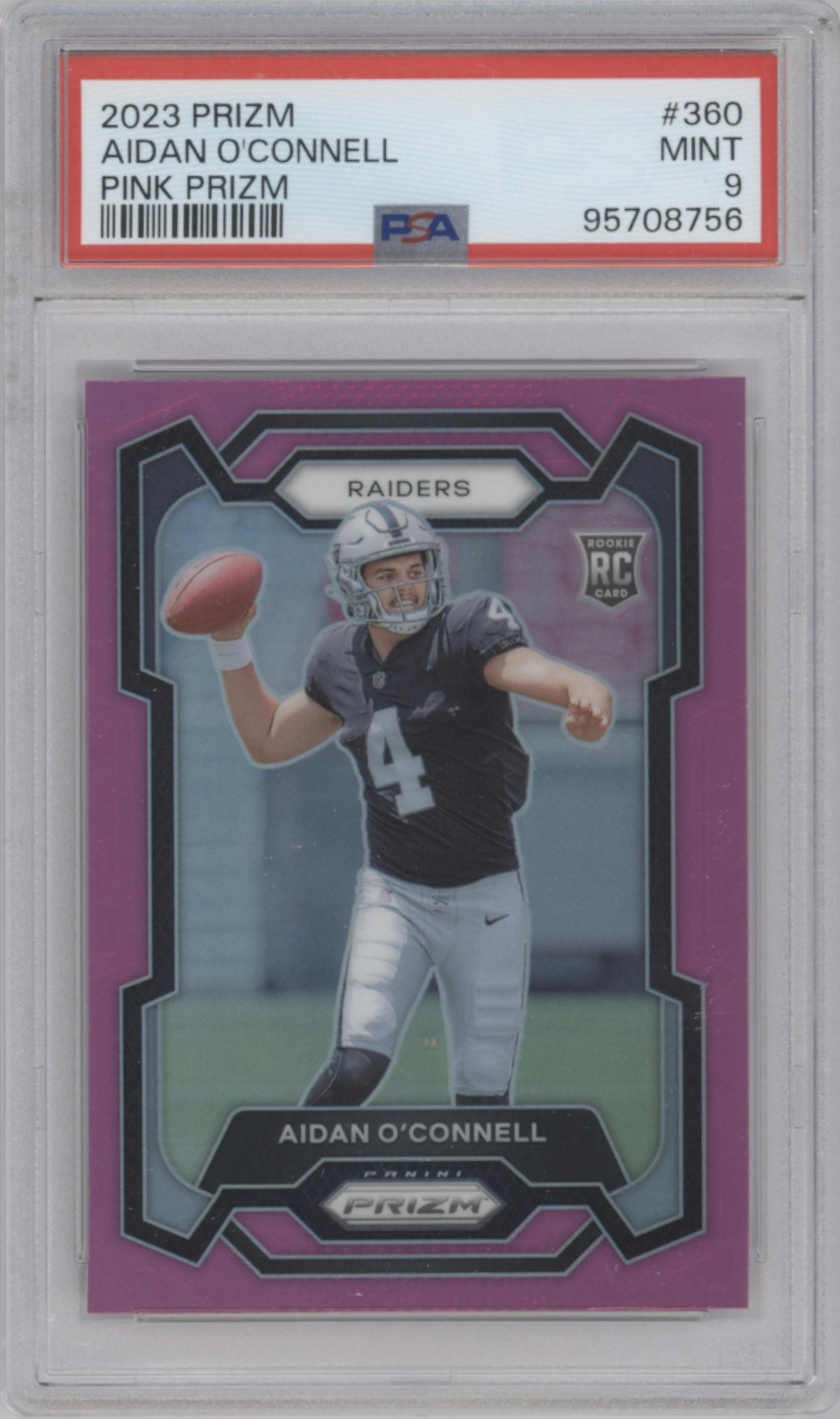 Aidan O'Connell from the 2023 Panini Prizm set featuring a Pink Prizm parallel graded by PSA and given an overall grade of 9.