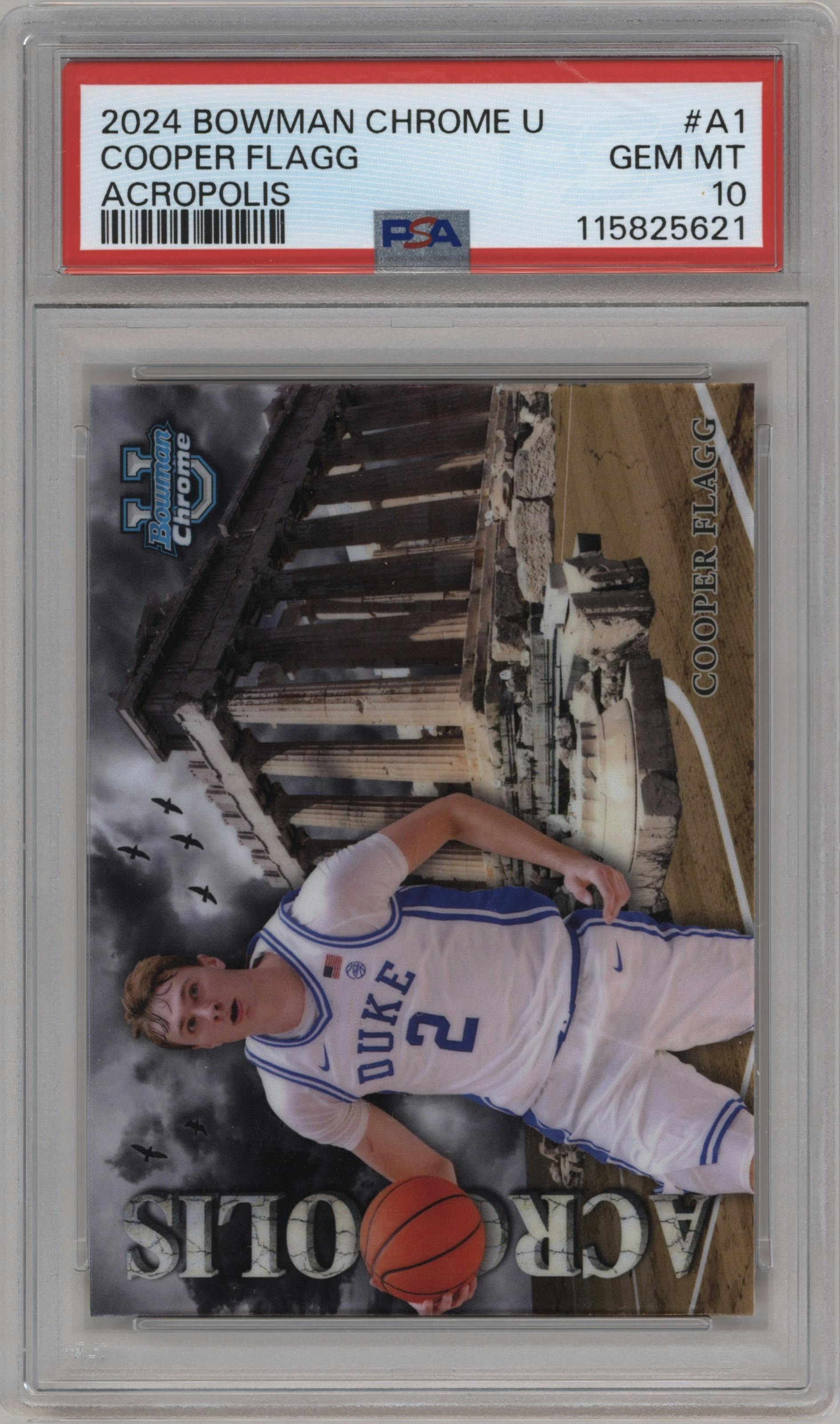 Cooper Flagg from the 2024-25 Bowman University Chrome set graded by PSA and given an overall grade of 10.