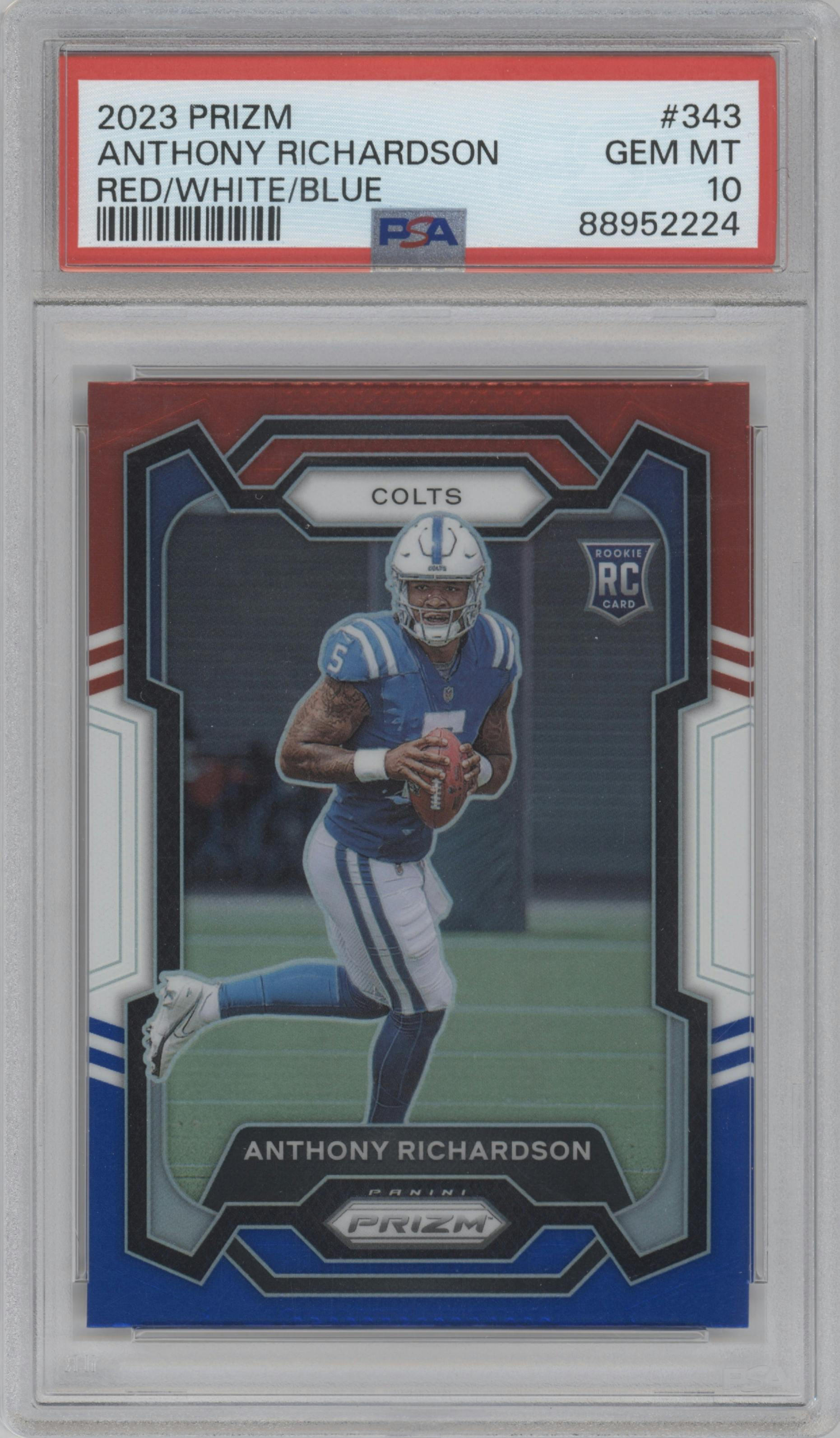 Anthony Richardson from the 2023 Panini Prizm set featuring a Red White Blue Prizm parallel graded by PSA and given an overall grade of 10.