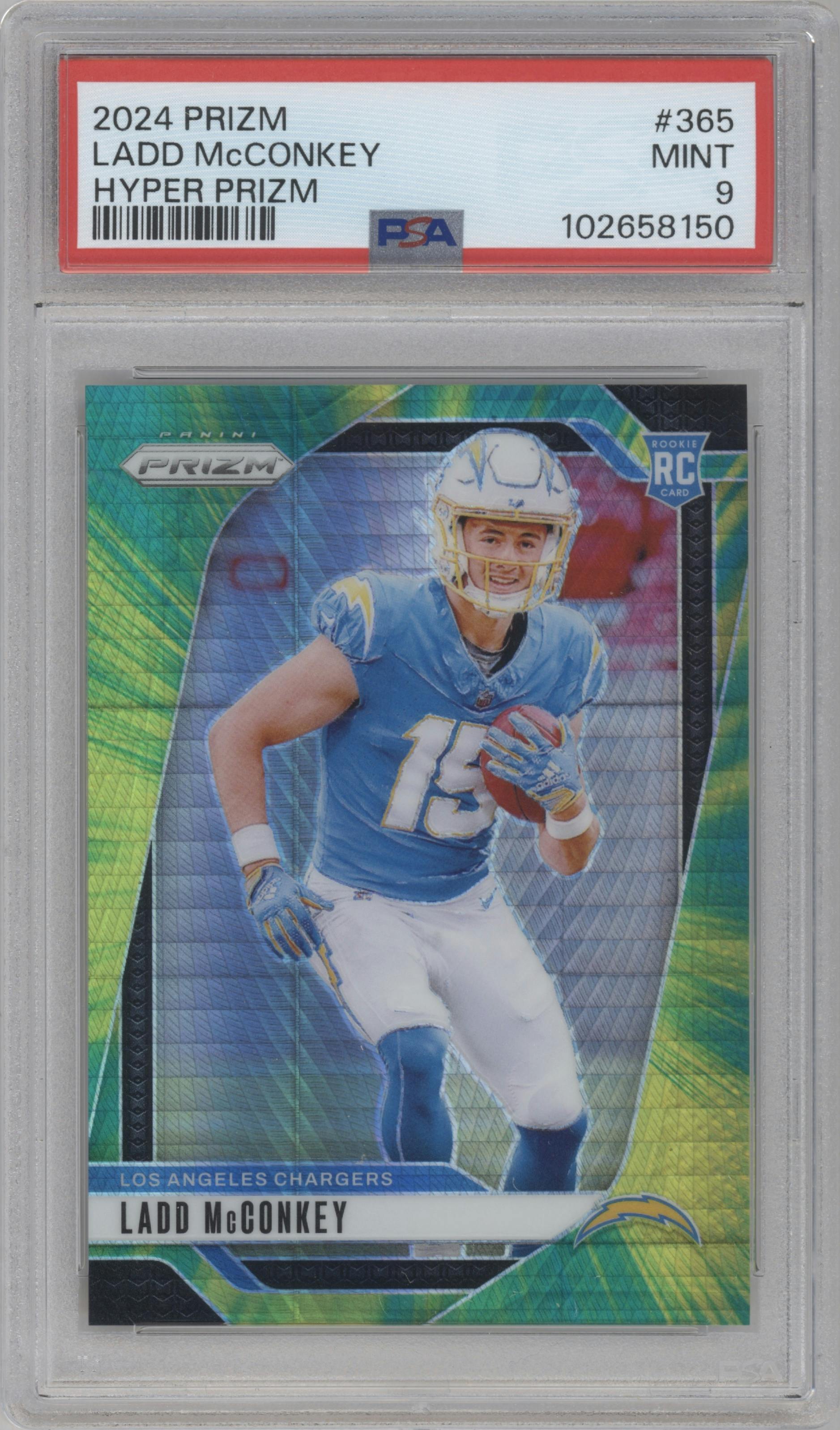 Ladd McConkey from the 2024 Panini Prizm set featuring a Hyper parallel graded by PSA and given an overall grade of 9.