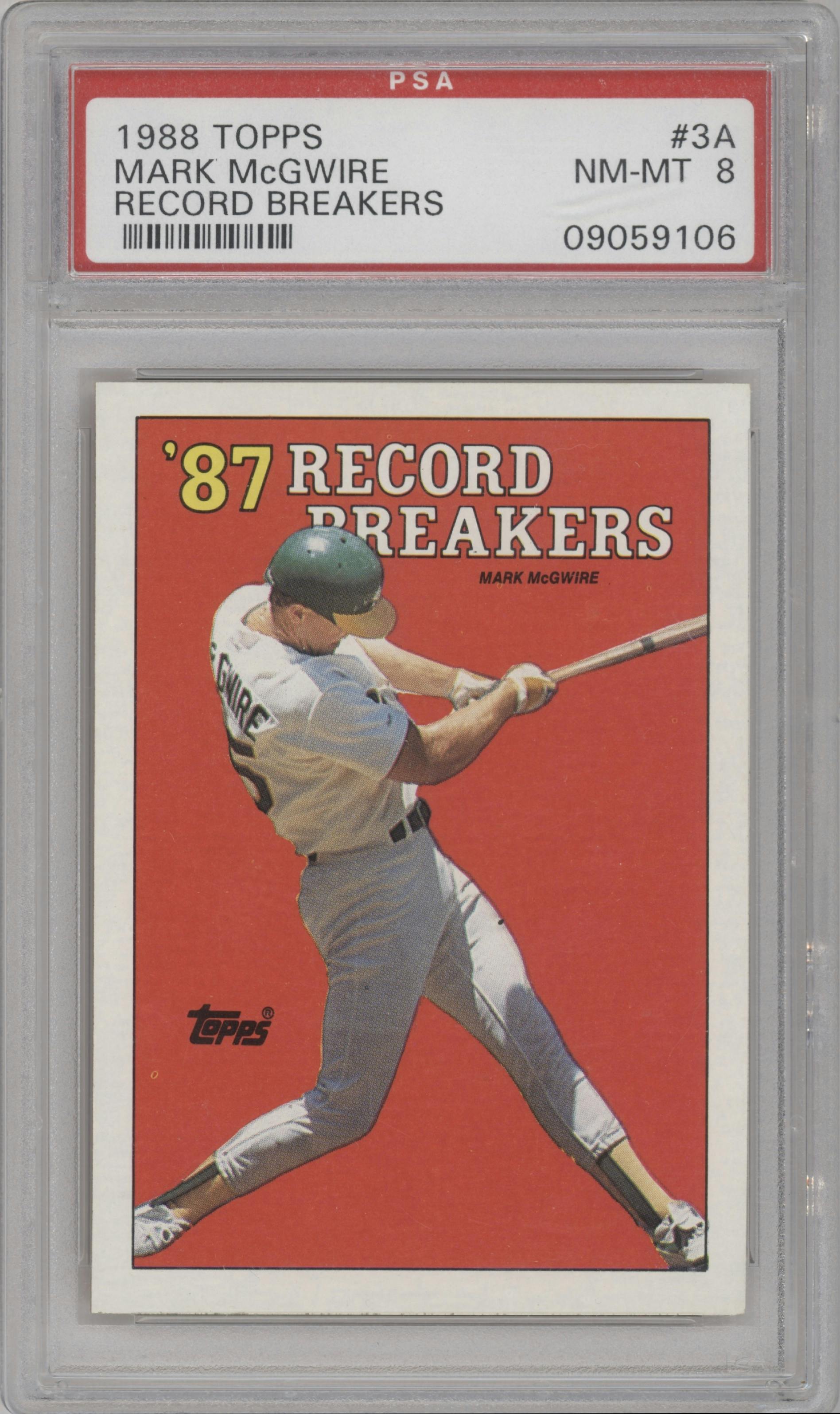 Mark McGwire from the 1988 Topps set graded by PSA and given an overall grade of 8.