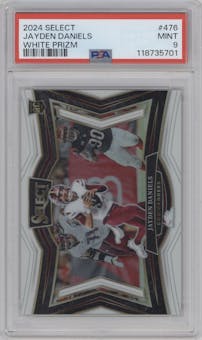 Jayden Daniels from the 2024 Panini Select set featuring a White Prizm parallel graded by PSA and given an overall grade of 9.