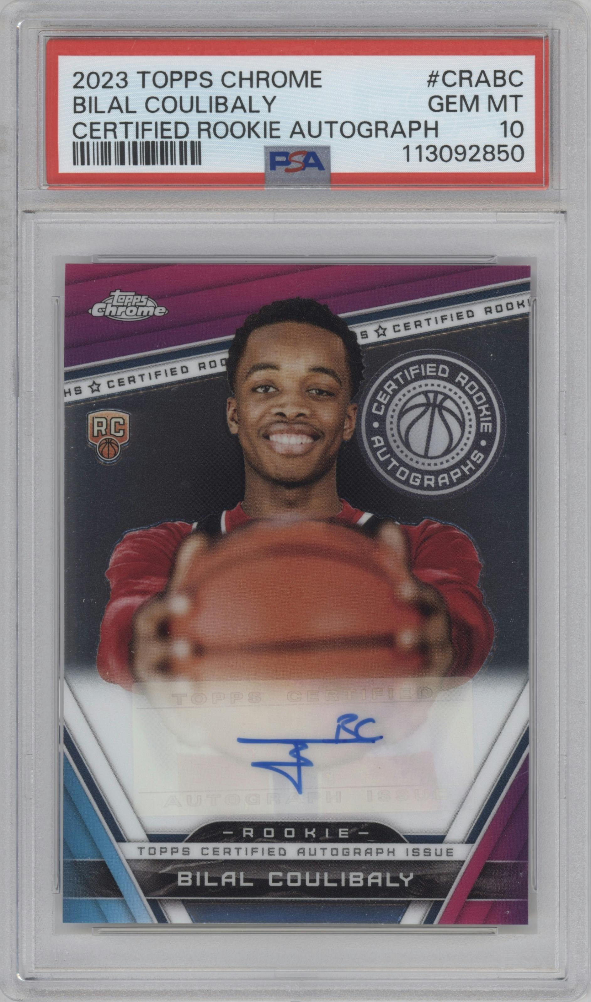Bilal Coulibaly from the 2023-24 Topps Chrome set graded by PSA and given an overall grade of 10.