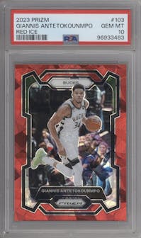Giannis Antetokounmpo from the 2023-24 Panini Prizm set featuring a Red Ice parallel graded by PSA and given an overall grade of 10.