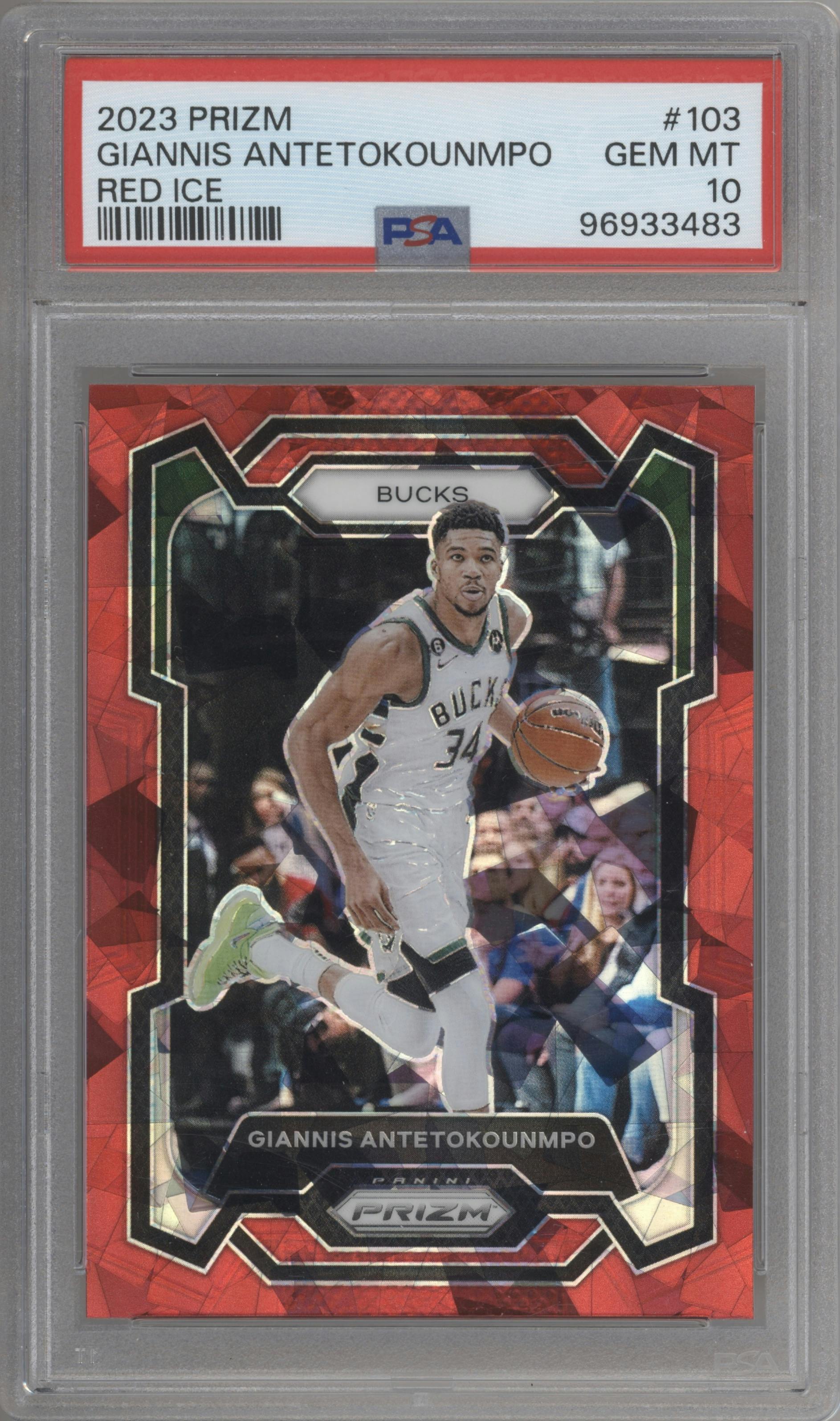Giannis Antetokounmpo from the 2023-24 Panini Prizm set featuring a Red Ice parallel graded by PSA and given an overall grade of 10.