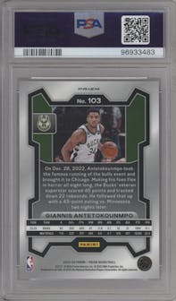 Giannis Antetokounmpo from the 2023-24 Panini Prizm set featuring a Red Ice parallel graded by PSA and given an overall grade of 10.