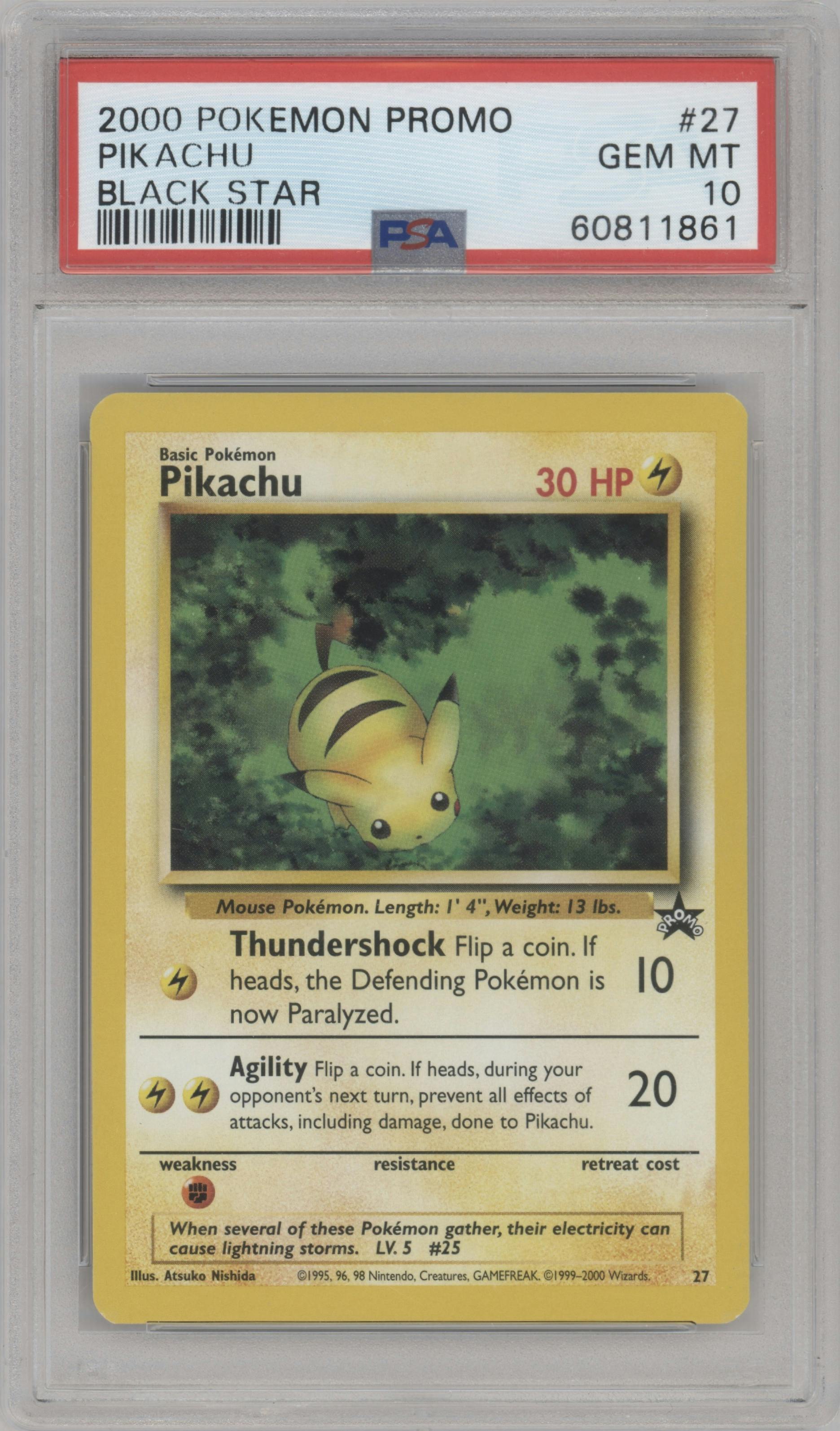 Pikachu from the 2000 Pokemon set graded by PSA and given an overall grade of 10.