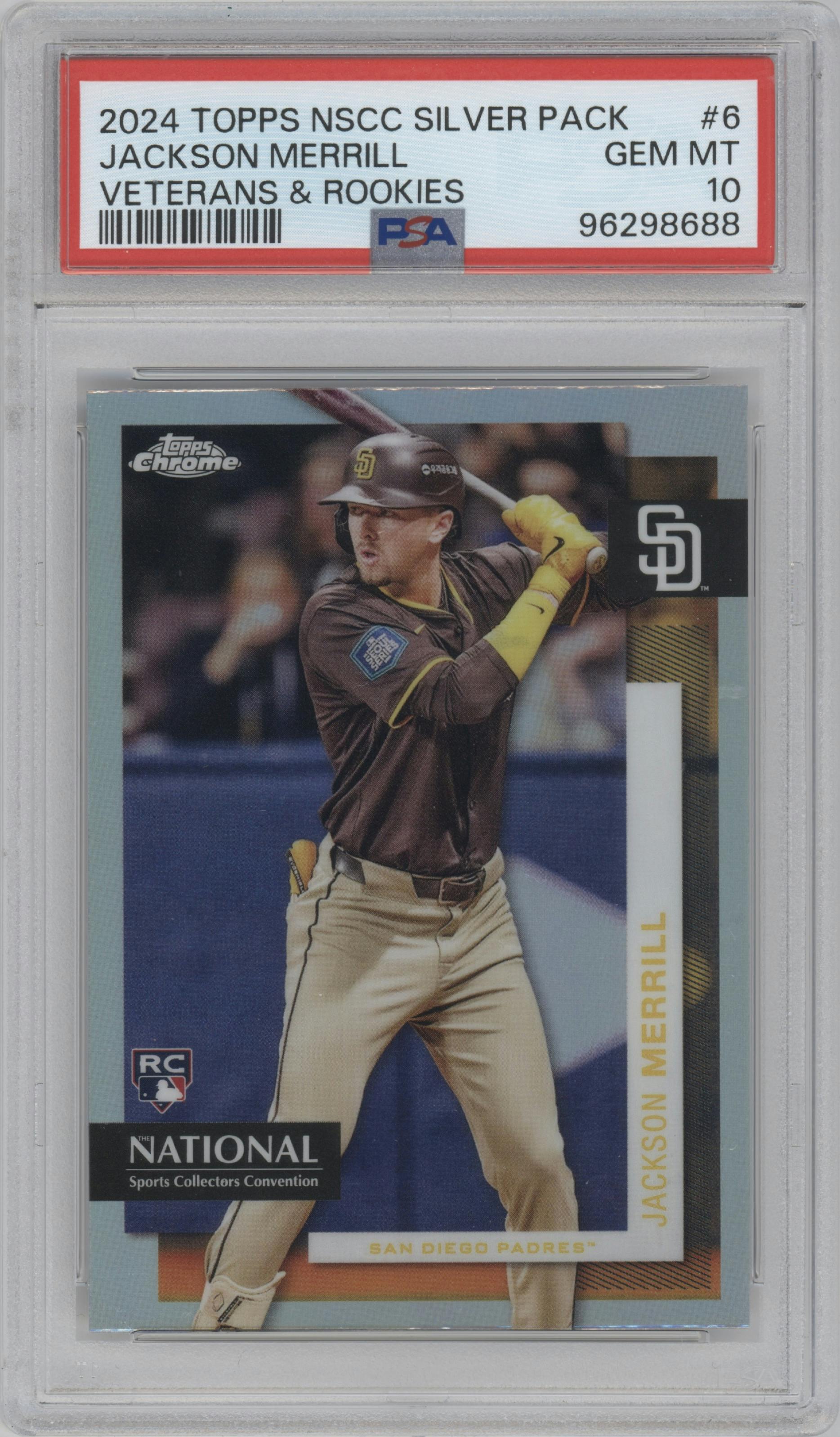 Jackson Merrill from the 2024 Topps NSCC Topps Chrome set graded by PSA and given an overall grade of 10.