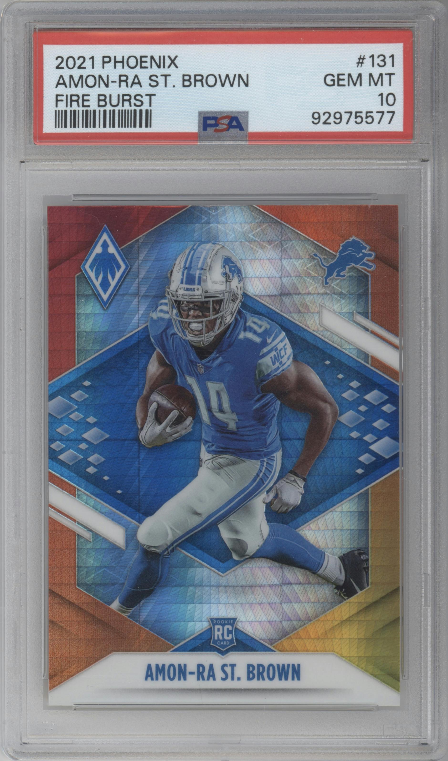 Amon-Ra St. Brown from the 2021 Panini Phoenix set featuring a Fire Burst parallel graded by PSA and given an overall grade of 10.