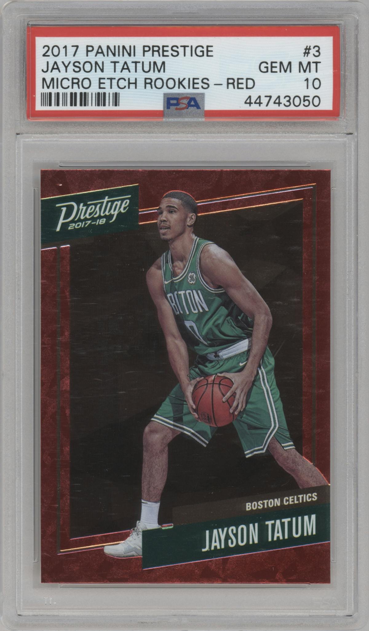 Jayson Tatum from the 2017-18 Panini Prestige set featuring a Red parallel graded by PSA and given an overall grade of 10.