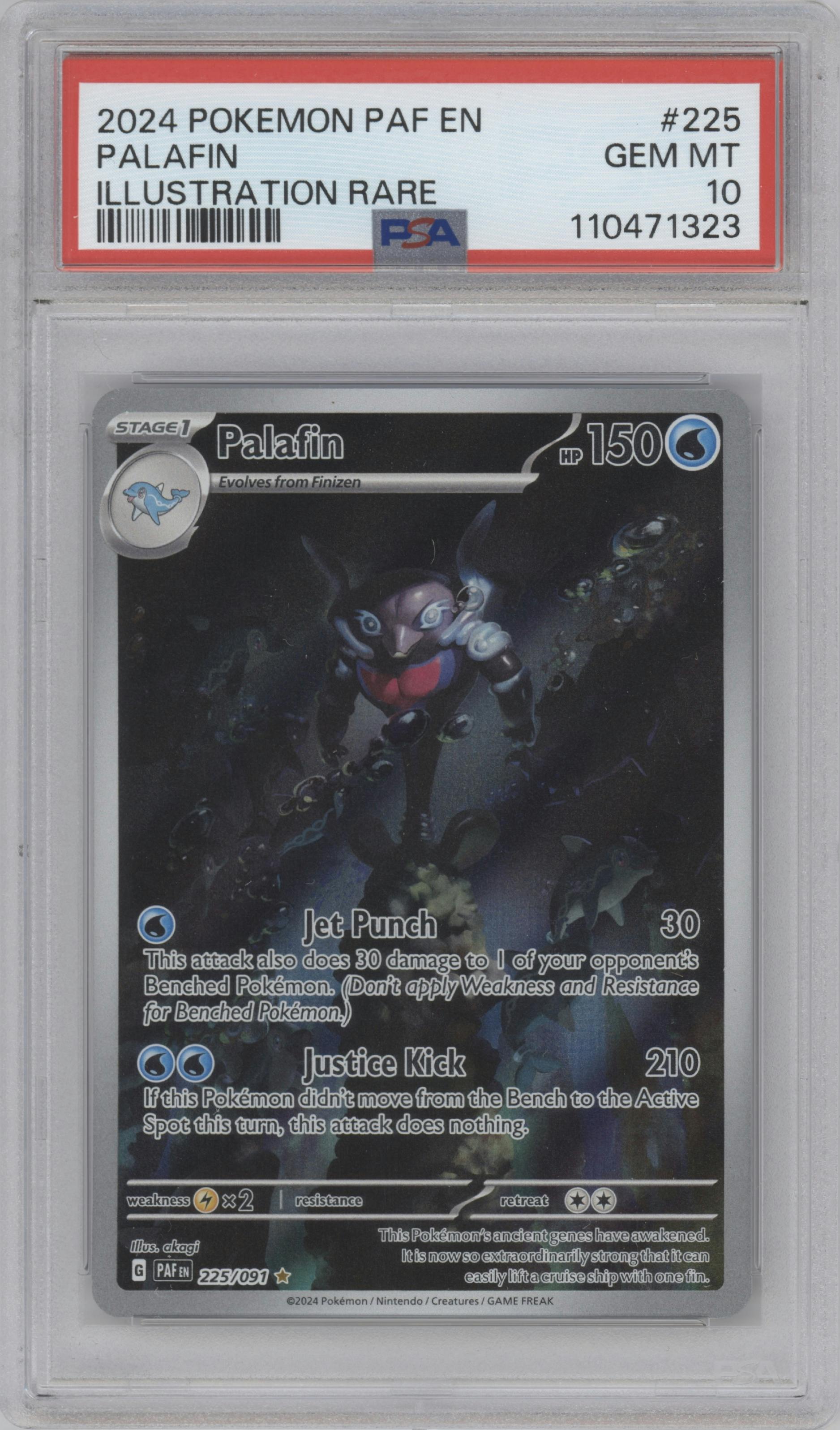 Palafin from the 2024 Pokemon SV set graded by PSA and given an overall grade of 10.