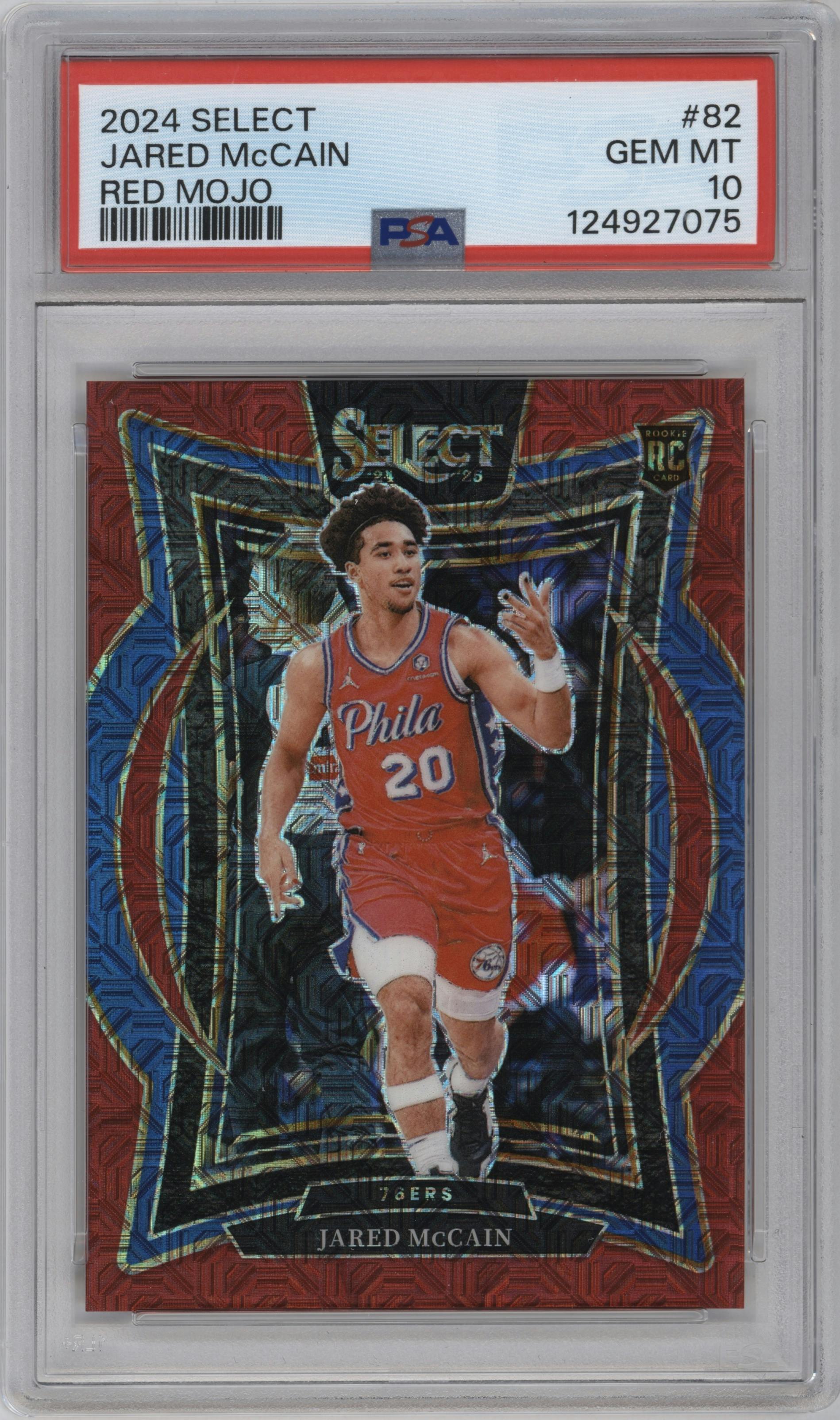 Jared McCain from the 2024-25 Panini Select set featuring a Red Mojo parallel graded by PSA and given an overall grade of 10.