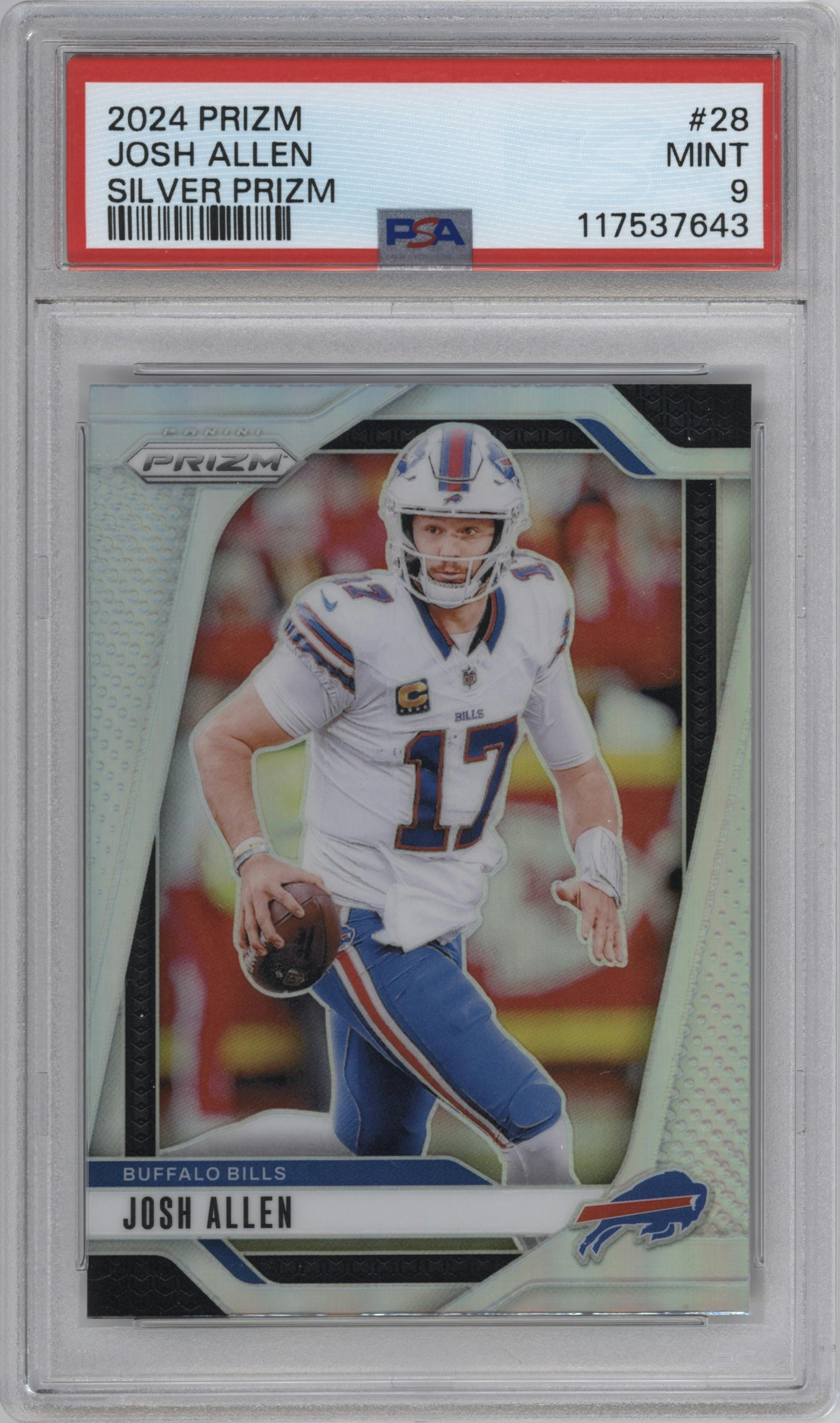 Josh Allen from the 2024 Panini Prizm set featuring a Silver Prizm parallel graded by PSA and given an overall grade of 9.