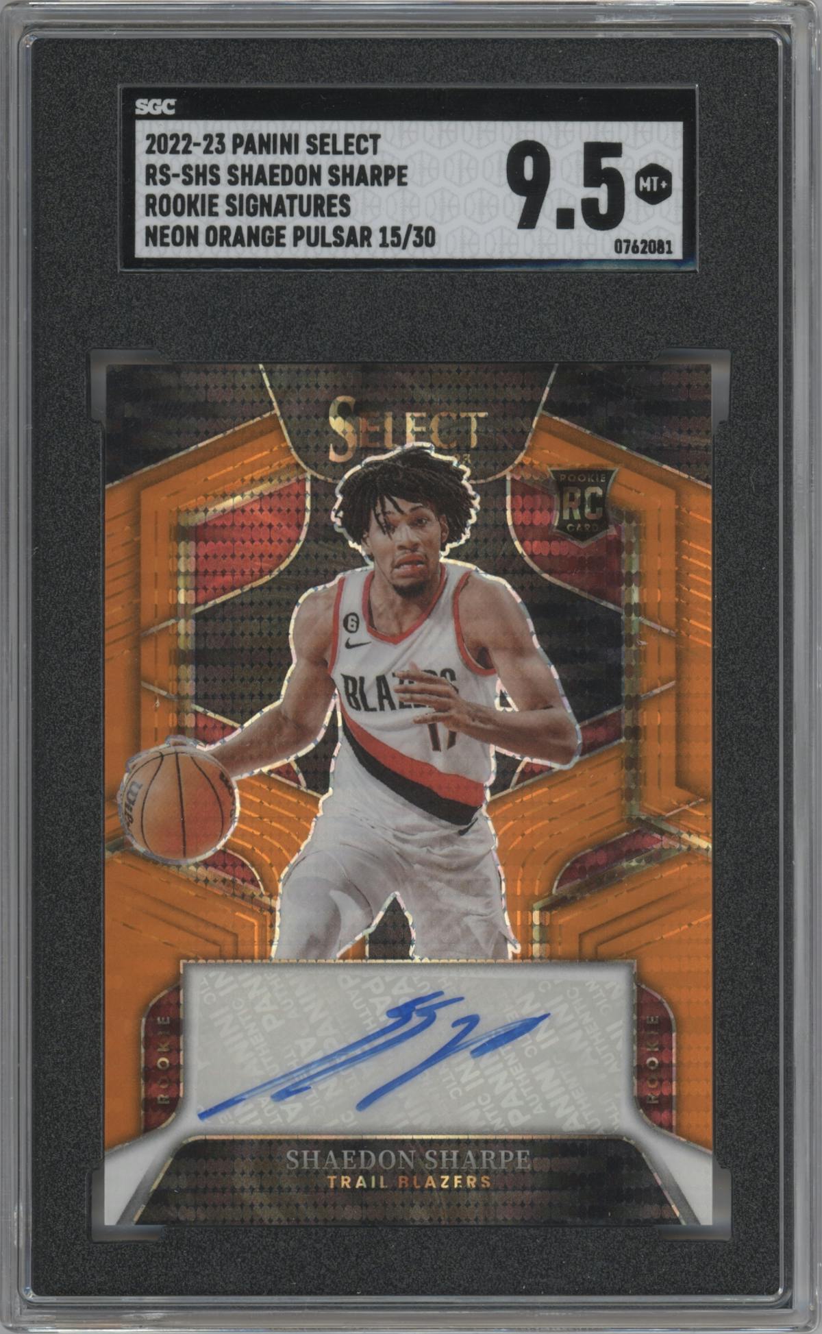 Shaedon Sharpe from the 2022-23 Panini Select set featuring a Neon Orange Pulsar FOTL parallel graded by SGC and given an overall grade of 9.5.