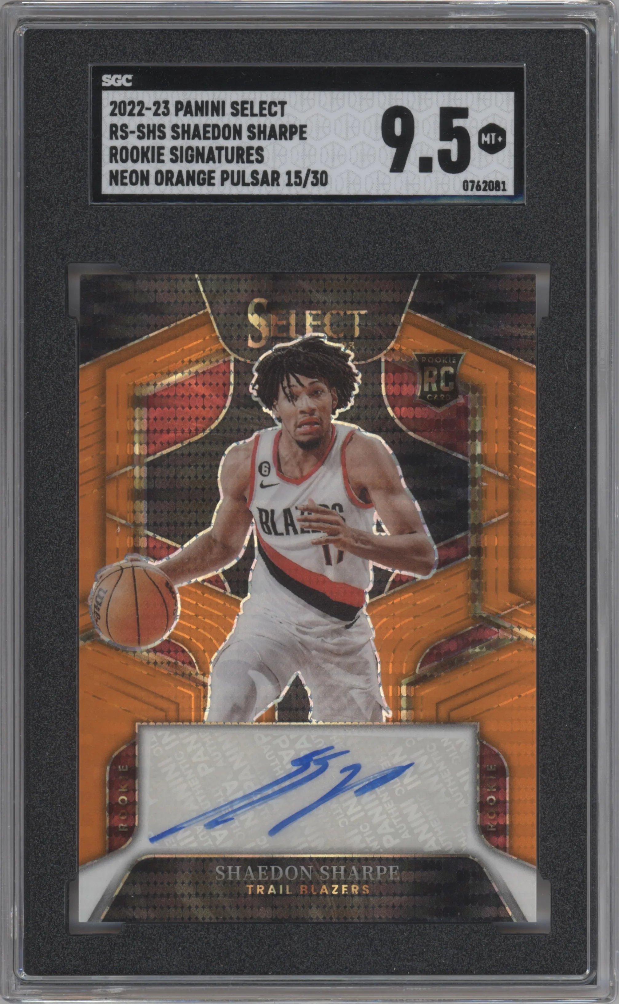 2022 Panini Select Rke.Sig. Shaedon Sharpe Neon Orange Pulsar FOTL SGC 9.5