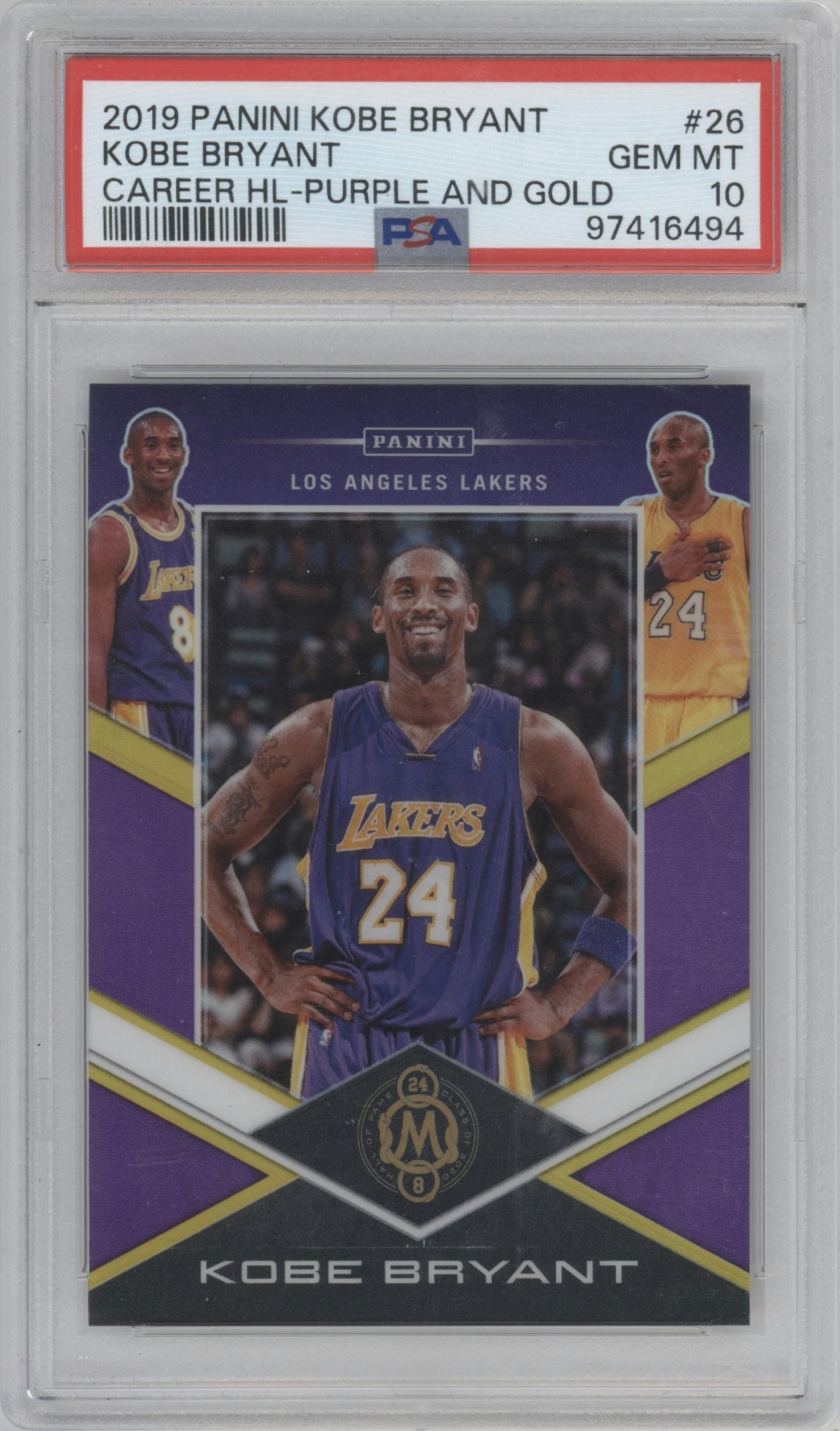 Kobe Bryant from the 2019-20 Panini Kobe Bryant Career Highlights set featuring a Purple & Gold parallel graded by PSA and given an overall grade of 10.