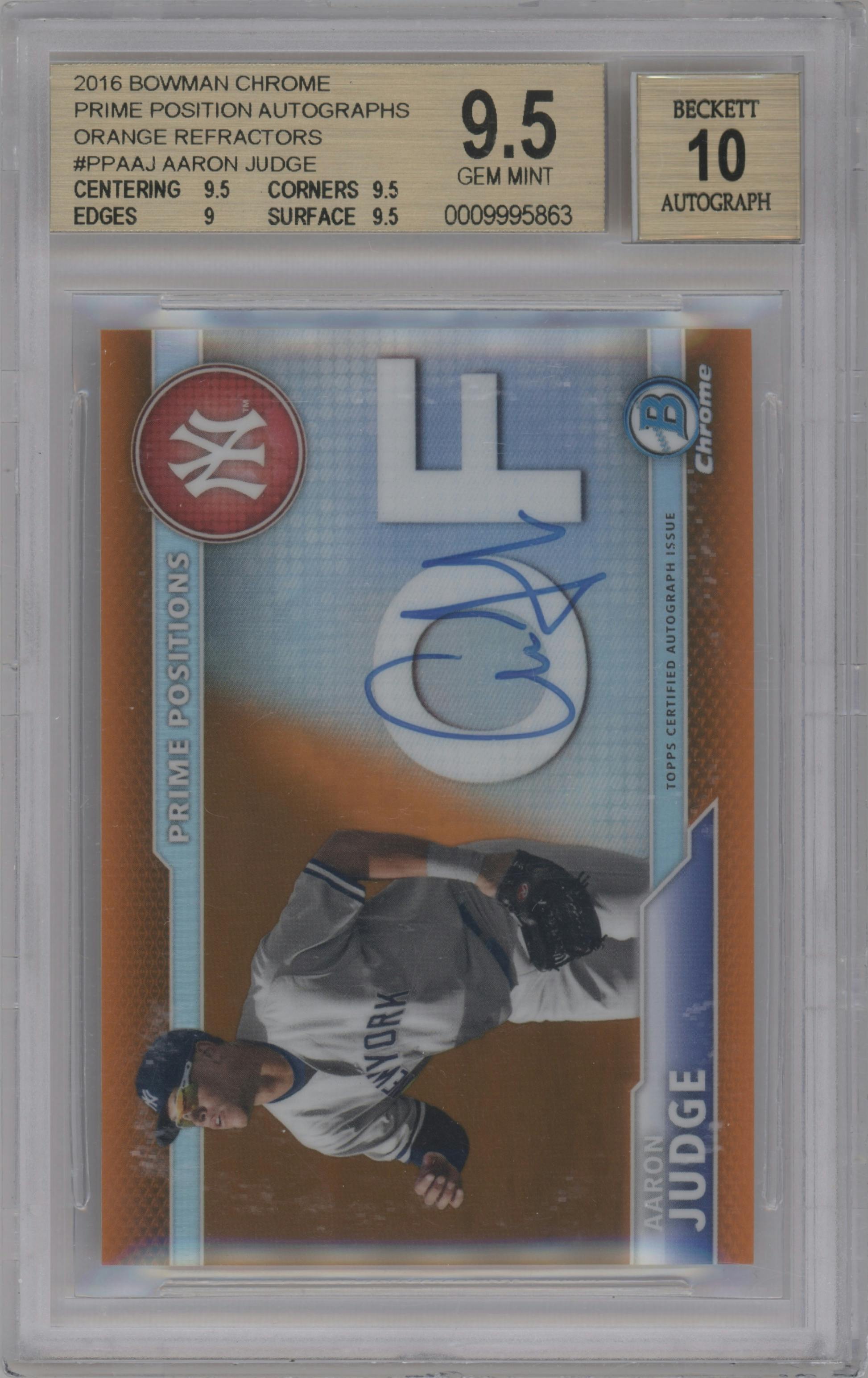 Aaron Judge from the 2016 Bowman Chrome set featuring a Orange Refractor parallel graded by Beckett and given an overall grade of 9.5.