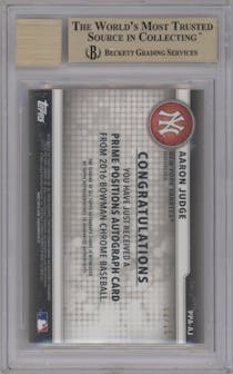 Aaron Judge from the 2016 Bowman Chrome set featuring a Orange Refractor parallel graded by Beckett and given an overall grade of 9.5.