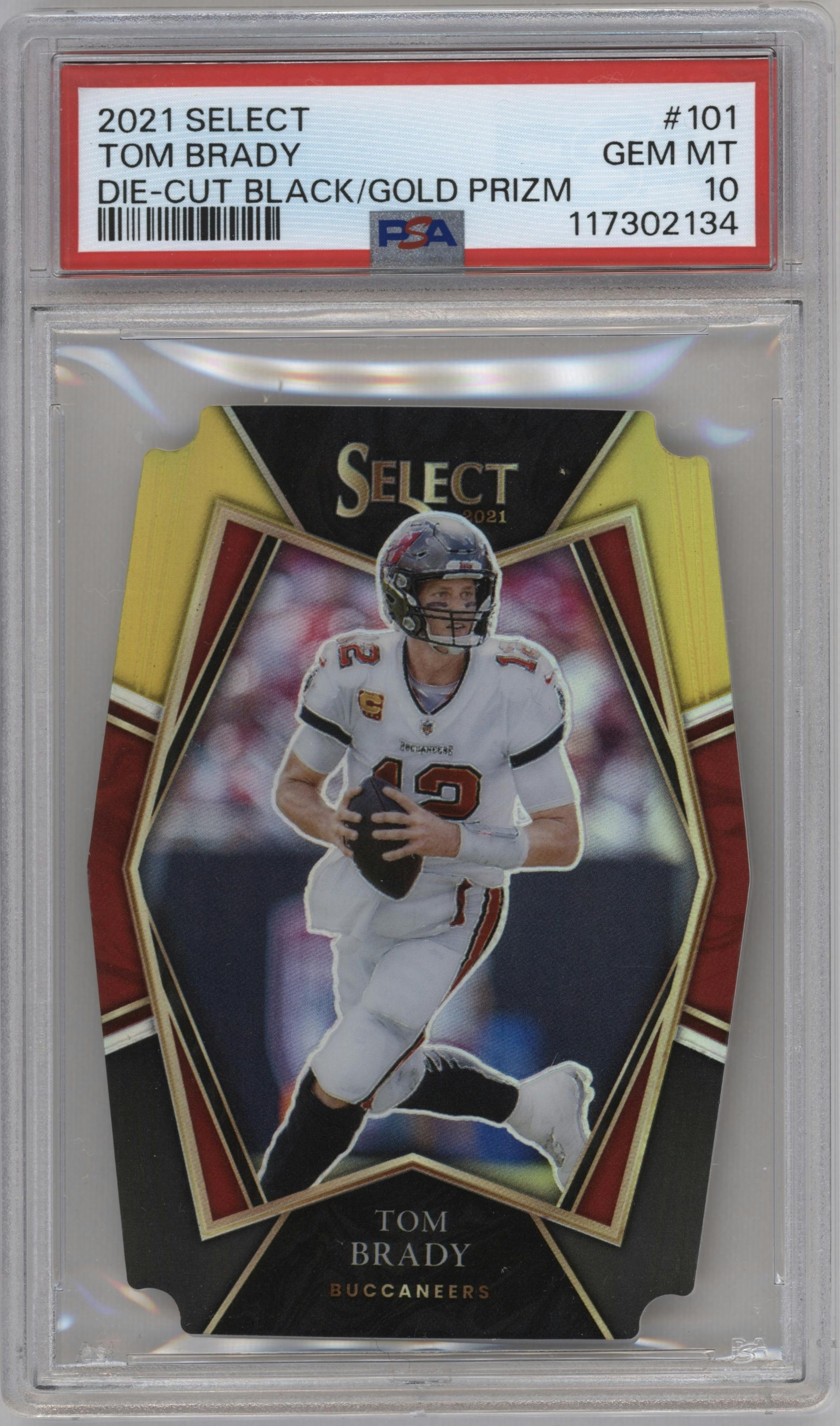 Tom Brady from the 2021 Panini Select set featuring a Die-Cut Black/Gold parallel graded by PSA and given an overall grade of 10.