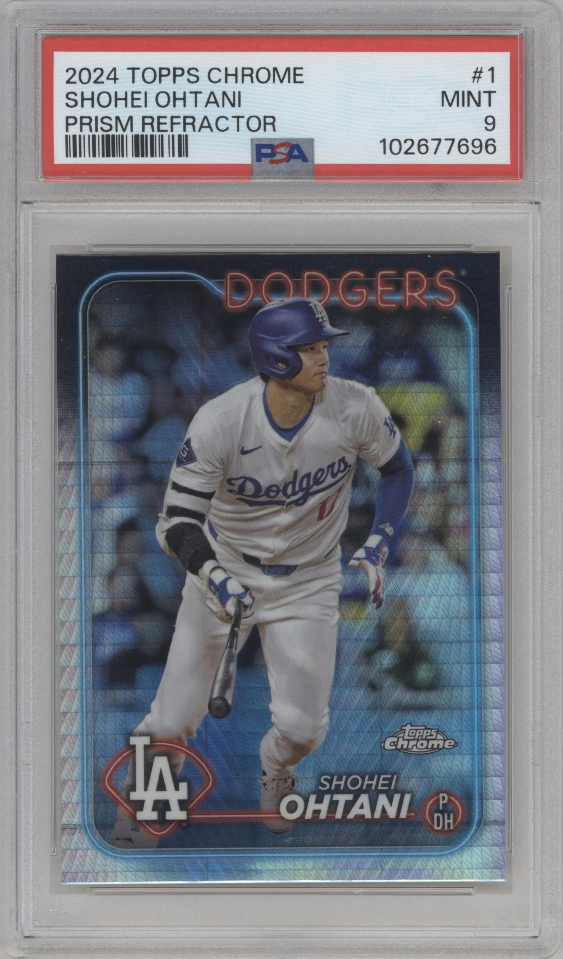 Shohei Ohtani from the 2024 Topps Chrome set featuring a Prism Refractor parallel graded by PSA and given an overall grade of 9.
